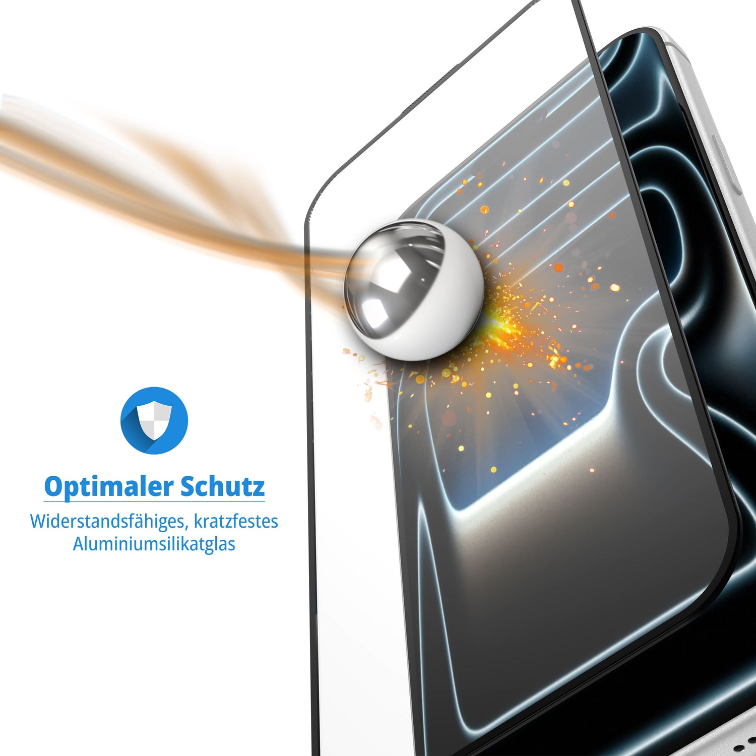 Eine Metallkugel trifft auf einen Bildschirm mit Funken und ein Schild, das die arktis iPhone 17 Pro Displayschutzfolie - Staubfrei ohne Blasen für starken Schutz und dauerhafte Klarheit mit ihrer Anti-Fingerprint-Beschichtung präsentiert.