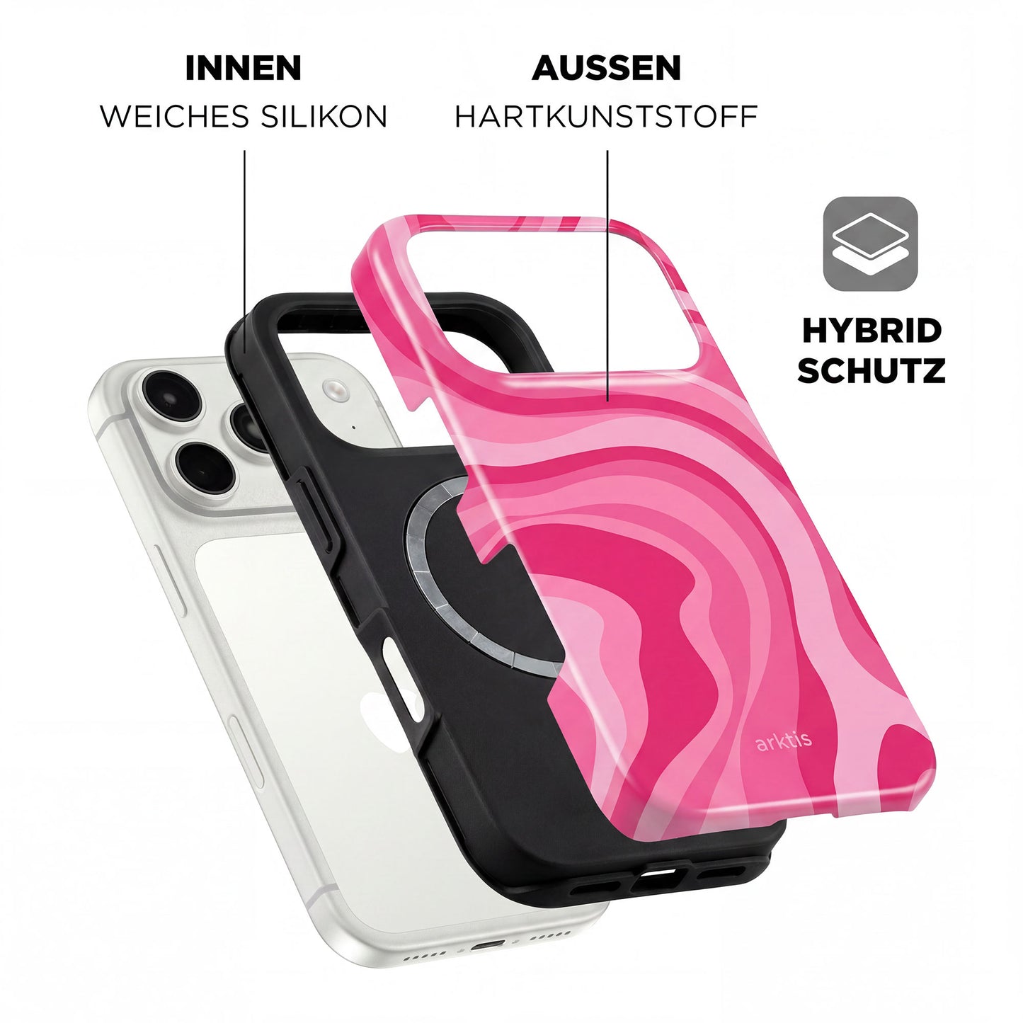 Die Explosionsansicht der arktis iPhone 17 Pro Hülle - Aura Pink zeigt das Hybrid-Design mit einer weichen Silikon-Innenschicht und einer harten Kunststoff-Außenschale für robusten, stoßabsorbierenden Schutz.