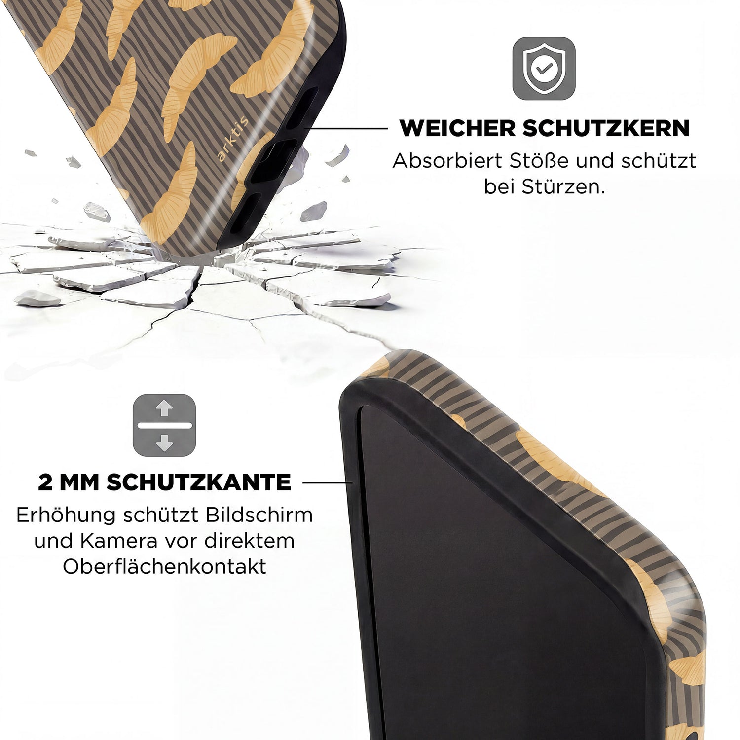 Nahaufnahme der arktis iPhone 15 Pro Hülle - French Breakfast beim Aufprall auf den Boden, die den stoßabsorbierenden TPU-Silikon-Kern und die 2 mm erhöhten Schutzkanten zeigt.