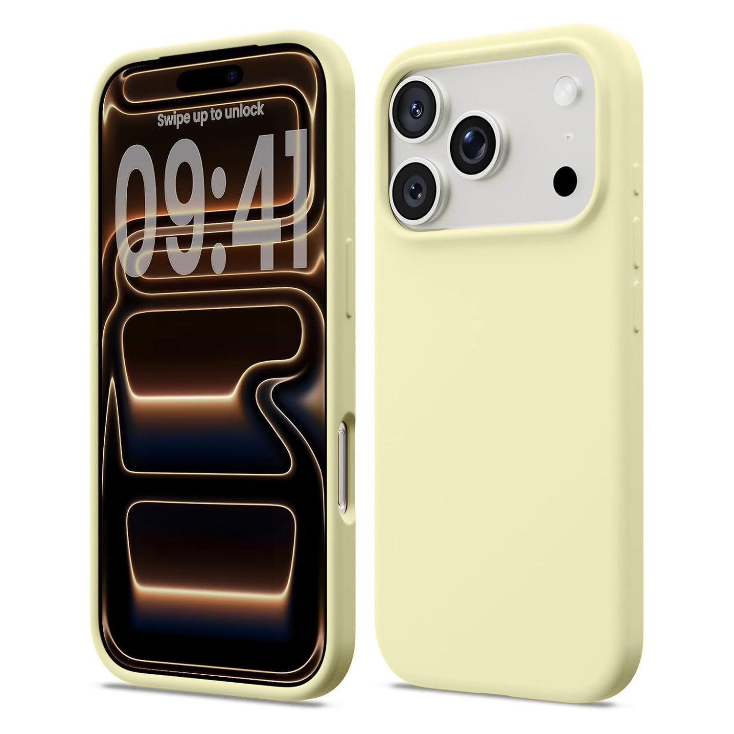 Zwei gelbe arktis iPhone 17 Pro Max Silikon Cases-eine enthüllt den Bildschirm, die andere die Rückseite mit Kameras. Beide arktis Fälle unterstützen kabelloses Laden für bequemes drahtloses Laden.