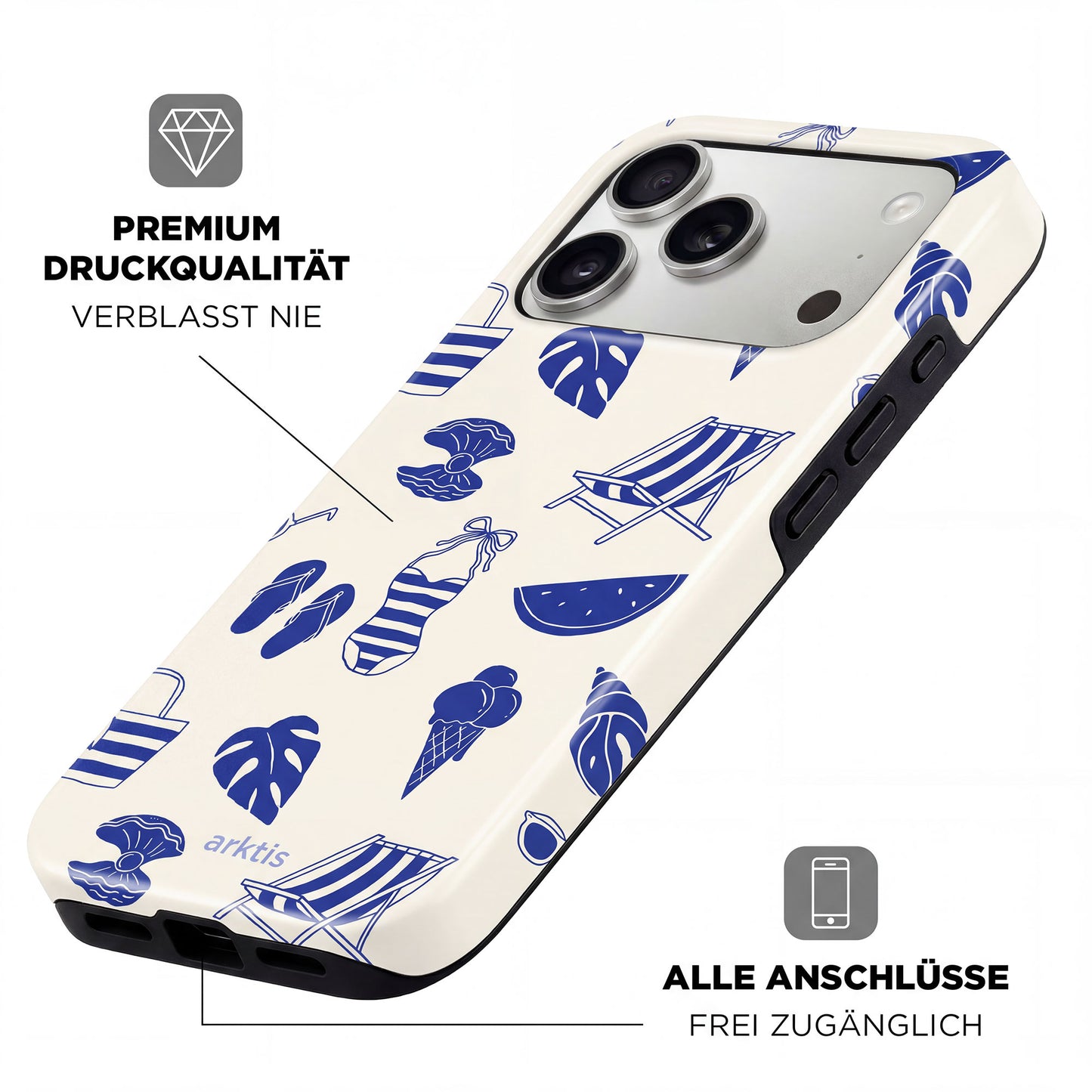 Arktis iPhone 17 Pro Max Hülle - Beach Style: Sommerblaues, stoßabsorbierendes TPU-Silikon, MagSafe-kompatibel, alle Anschlüsse frei. Premium-Druck von arktis, farbecht und langlebig.
