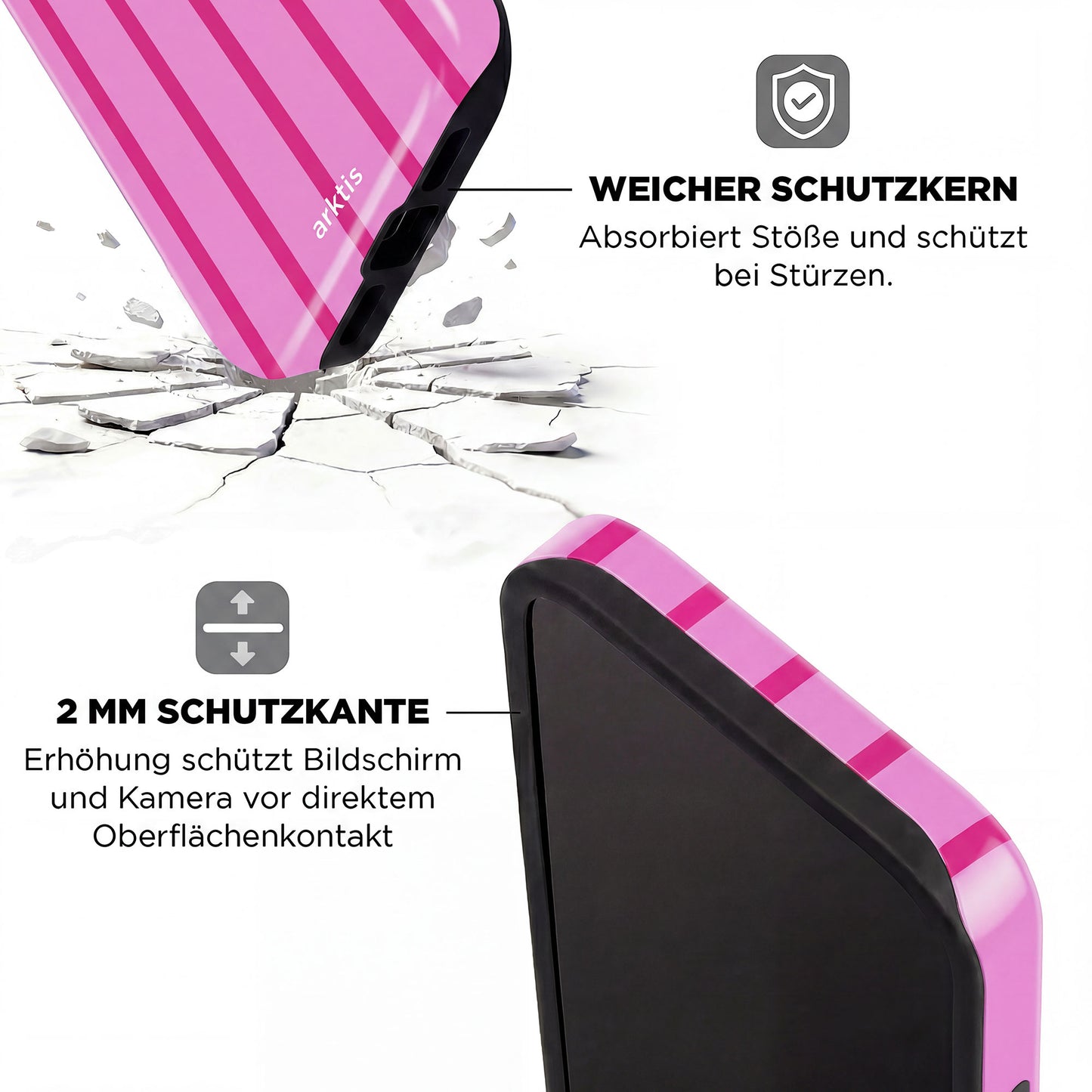 Die arktis iPhone 17 Pro Hülle - Lady Stripes verfügt über einen stoßabsorbierenden TPU-Silikonkern, 2mm erhöhten Rand für zusätzlichen Schutz und ist MagSafe-kompatibel für müheloses kabelloses Laden.