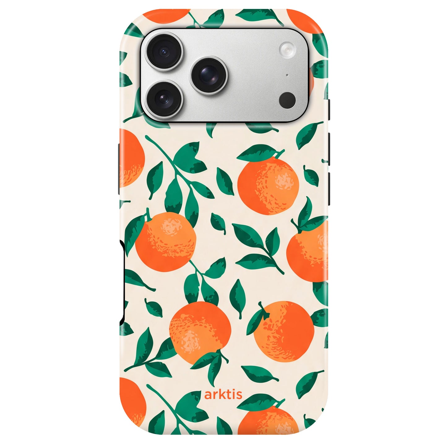 Die arktis iPhone 17 Pro Hülle - Orange Tree von arktis verfügt über ein orange-grünes Zitrusmuster, einen Dual-Kamera-Ausschnitt und ist aus stoßabsorbierendem TPU-Silikon gefertigt.