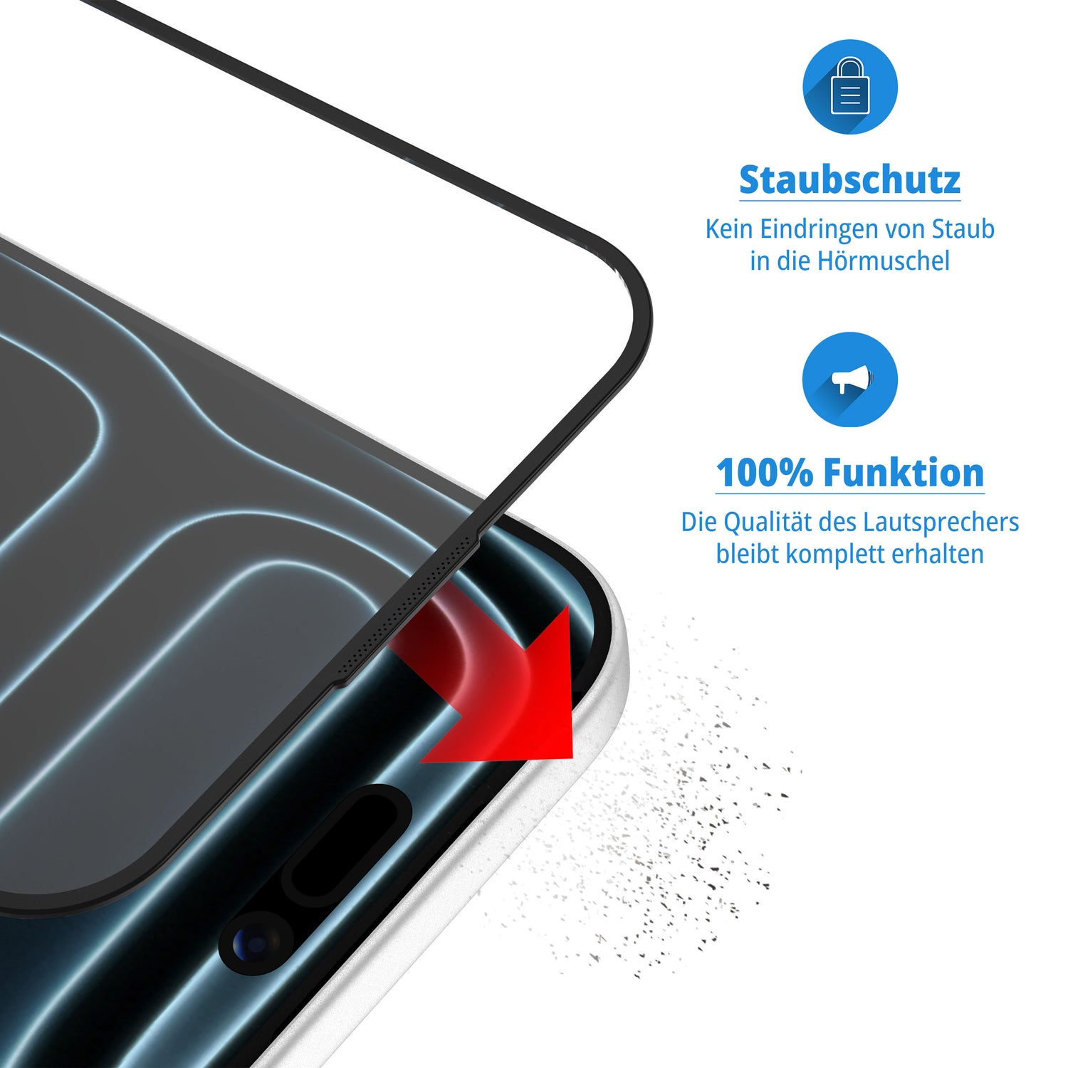 Die arktis iPhone 17 Pro Displayschutzfolie schützt staubfrei und ohne Blasen, erhält die Lautsprecherfunktion und bietet dank Anti-Fingerabdruck-Beschichtung ein stets sauberes Display.