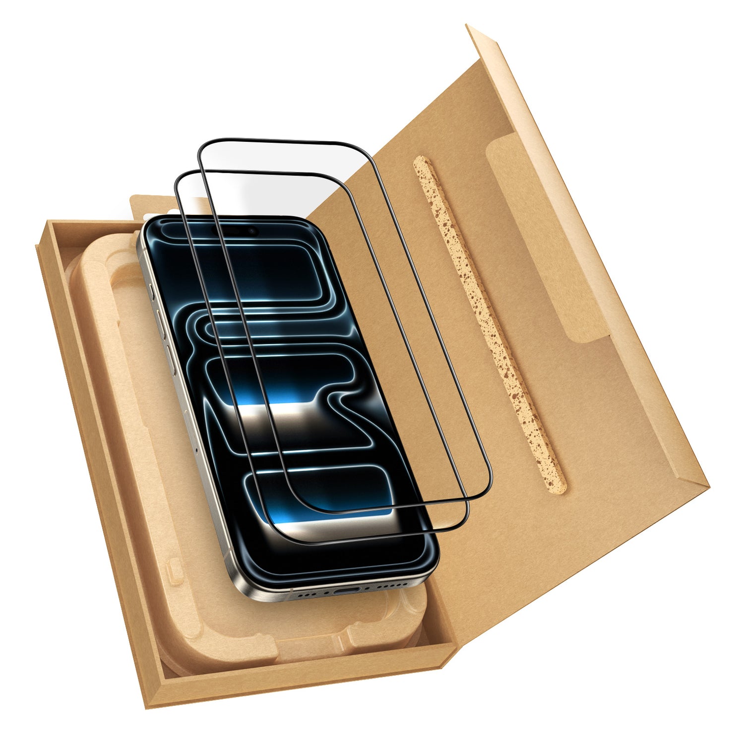 Ein arktis 2er Set iPhone 17 Pro Max REVOLUTION Glas-Displayschutz mit zwei Glas-Displayschutzfolien in einer offenen, umweltfreundlichen EZ.INSTALL Box.