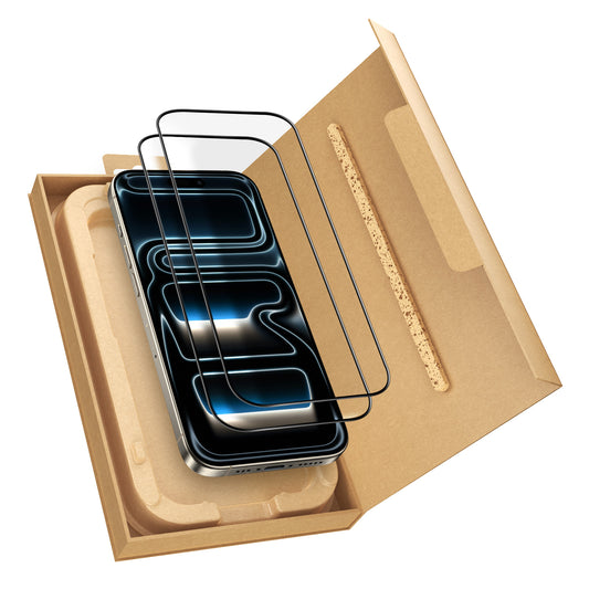 Ein arktis 2er Set iPhone 17 Pro Max REVOLUTION Glas-Displayschutz mit zwei Glas-Displayschutzfolien in einer offenen, umweltfreundlichen EZ.INSTALL Box.