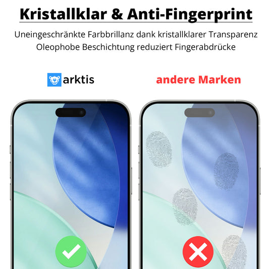 Links: iPhone mit arktis Air Displayschutzfolie - staubfrei und ohne Blasen (grüner Haken). Rechts: iPhone mit Fingerabdrücken, rotes X - zeigt Bedarf an Anti-Fingerabdruck-Beschichtung.