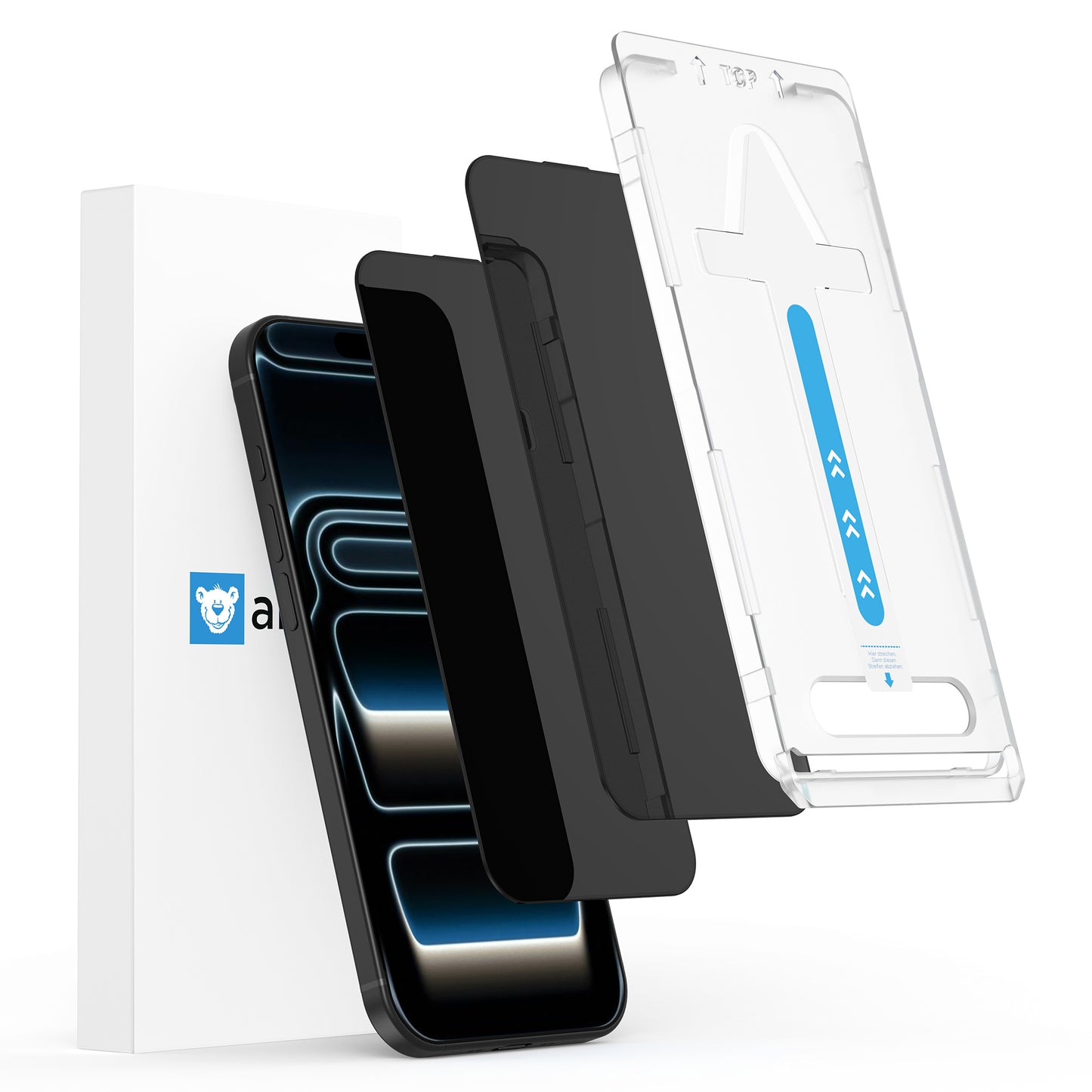 Explosionszeichnung einer arktis iPhone 17 Pro Max PRIVACY Displayschutzfolie - Staubfrei ohne Blasen, mit Applikator und Verpackungsbox im Hintergrund.
