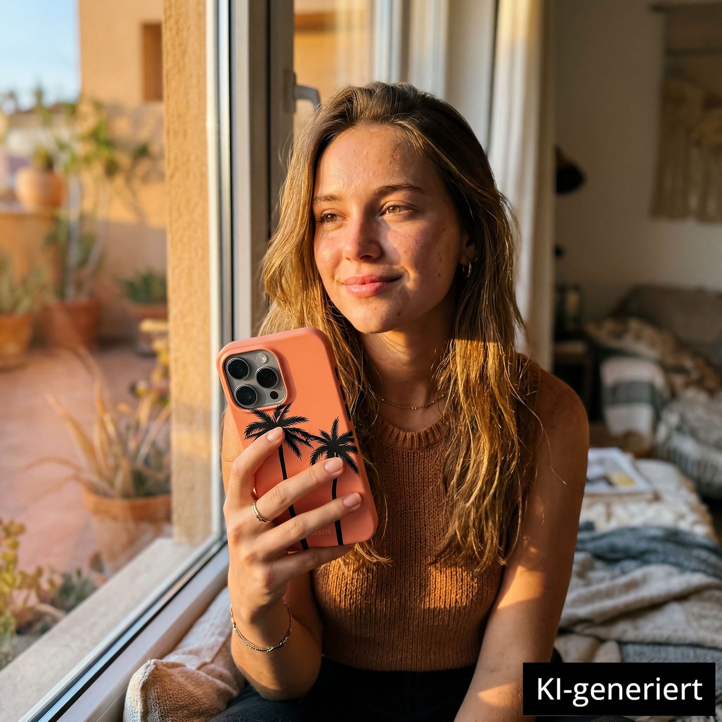 Eine junge Frau sitzt an einem sonnigen Fenster und lächelt nachdenklich, während sie ihr Telefon mit der arktis iPhone 15 Pro Max Hülle - Coral Coast hält, die MagSafe kompatibel ist. KI-generiert.