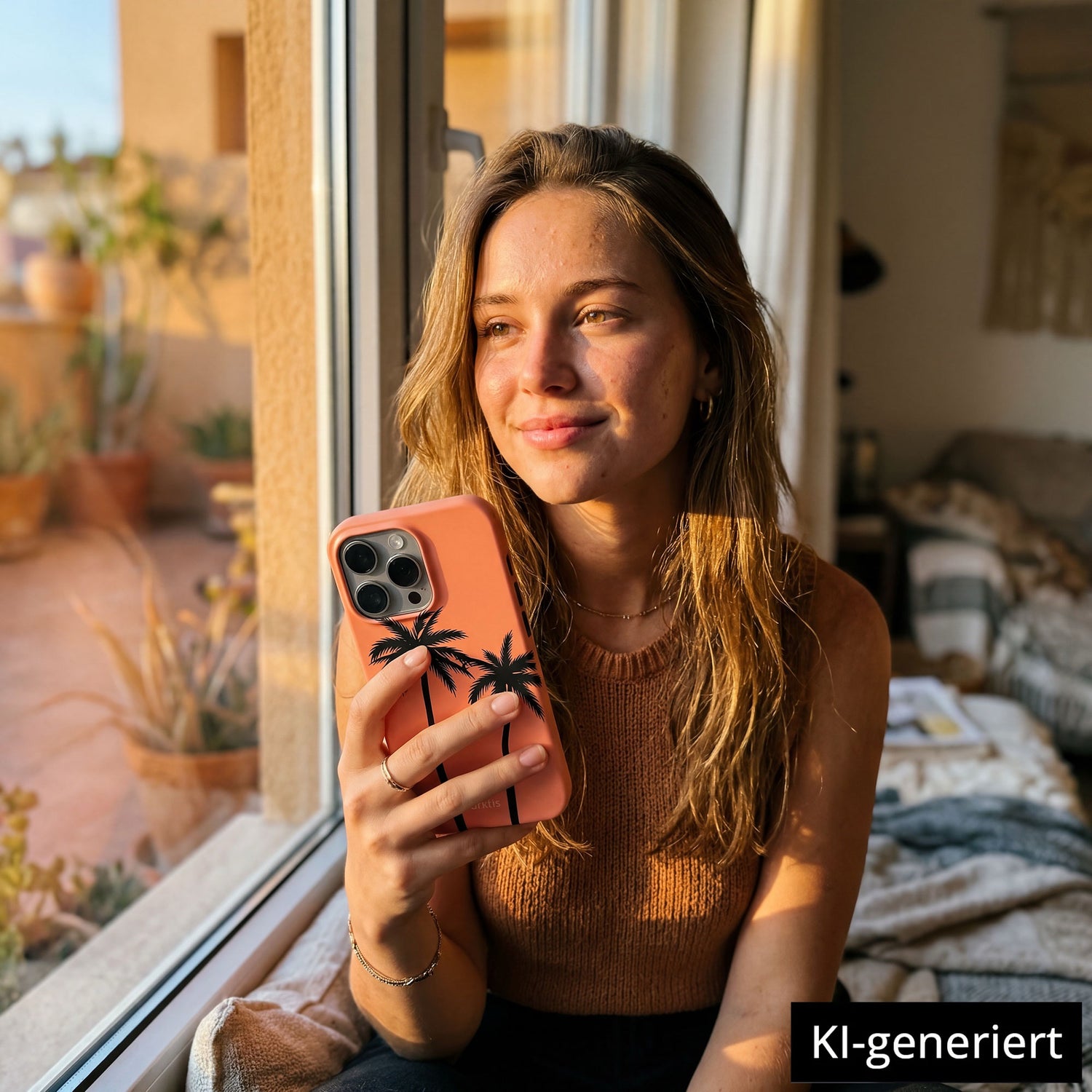 Eine junge Frau sitzt an einem sonnigen Fenster und lächelt nachdenklich, während sie ihr Telefon mit der arktis iPhone 15 Pro Max Hülle - Coral Coast hält, die MagSafe kompatibel ist. KI-generiert.