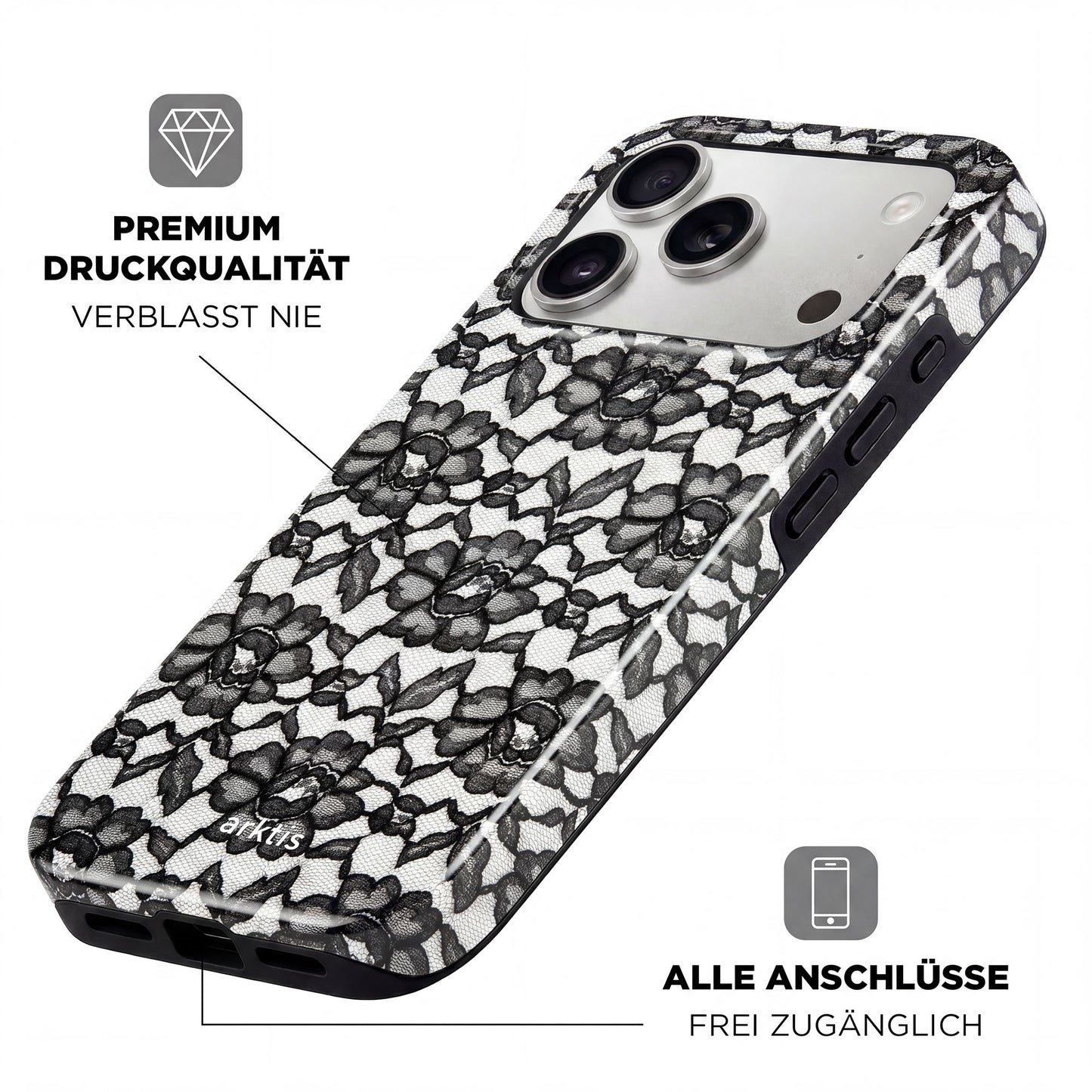 Die arktis iPhone 17 Pro Hülle - Dark Rose überzeugt mit schwarzem und weißem Spitzenmuster, stoßabsorbierendem TPU-Silikon, MagSafe-Kompatibilität und freiem Zugang zu allen Ports und Tasten.