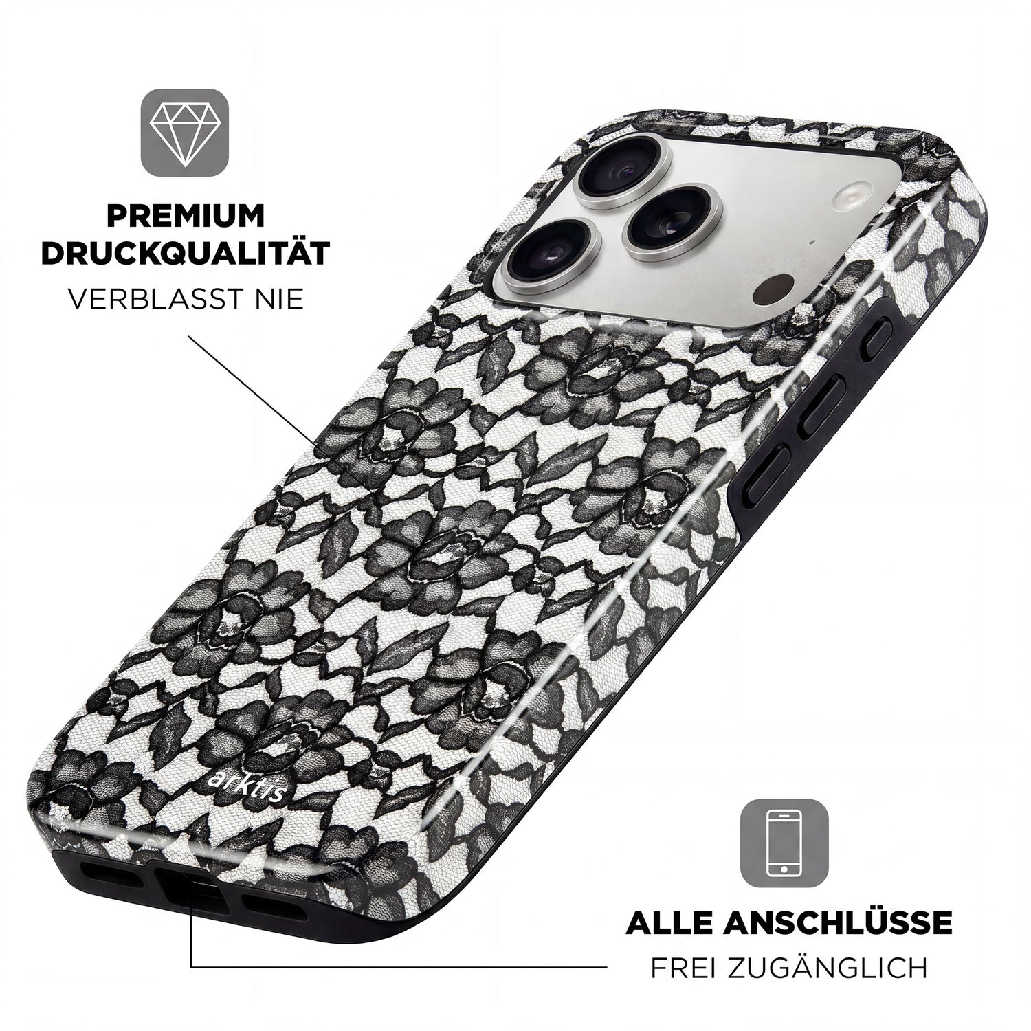 Die arktis iPhone 17 Pro Hülle - Dark Rose überzeugt mit schwarzem und weißem Spitzenmuster, stoßabsorbierendem TPU-Silikon, MagSafe-Kompatibilität und freiem Zugang zu allen Ports und Tasten.