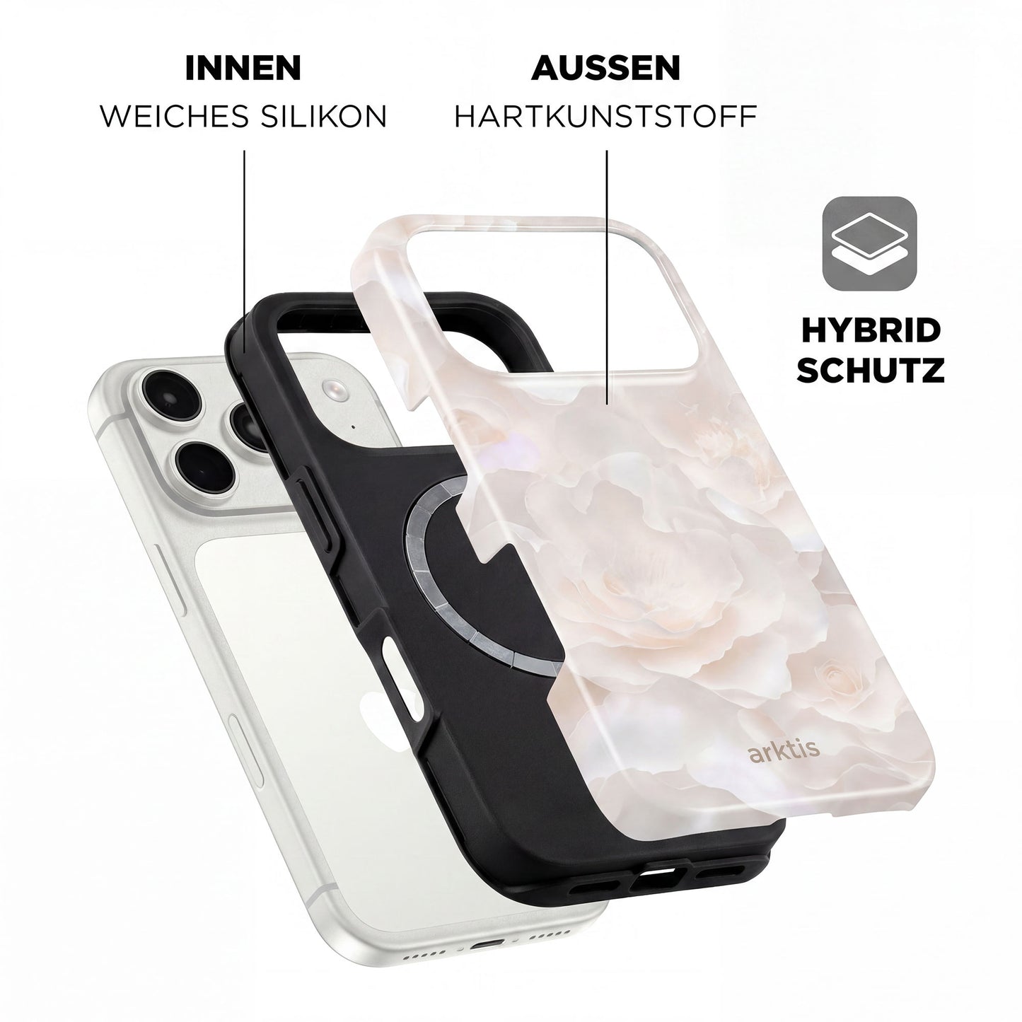 Explosionszeichnung der arktis iPhone 17 Pro Hülle - Marble Flower, mit einer weichen, stoßabsorbierenden TPU-Silikon-Innenschicht und harter Kunststoff-Außenschale, MagSafe-kompatibel, mit deutscher Beschriftung.