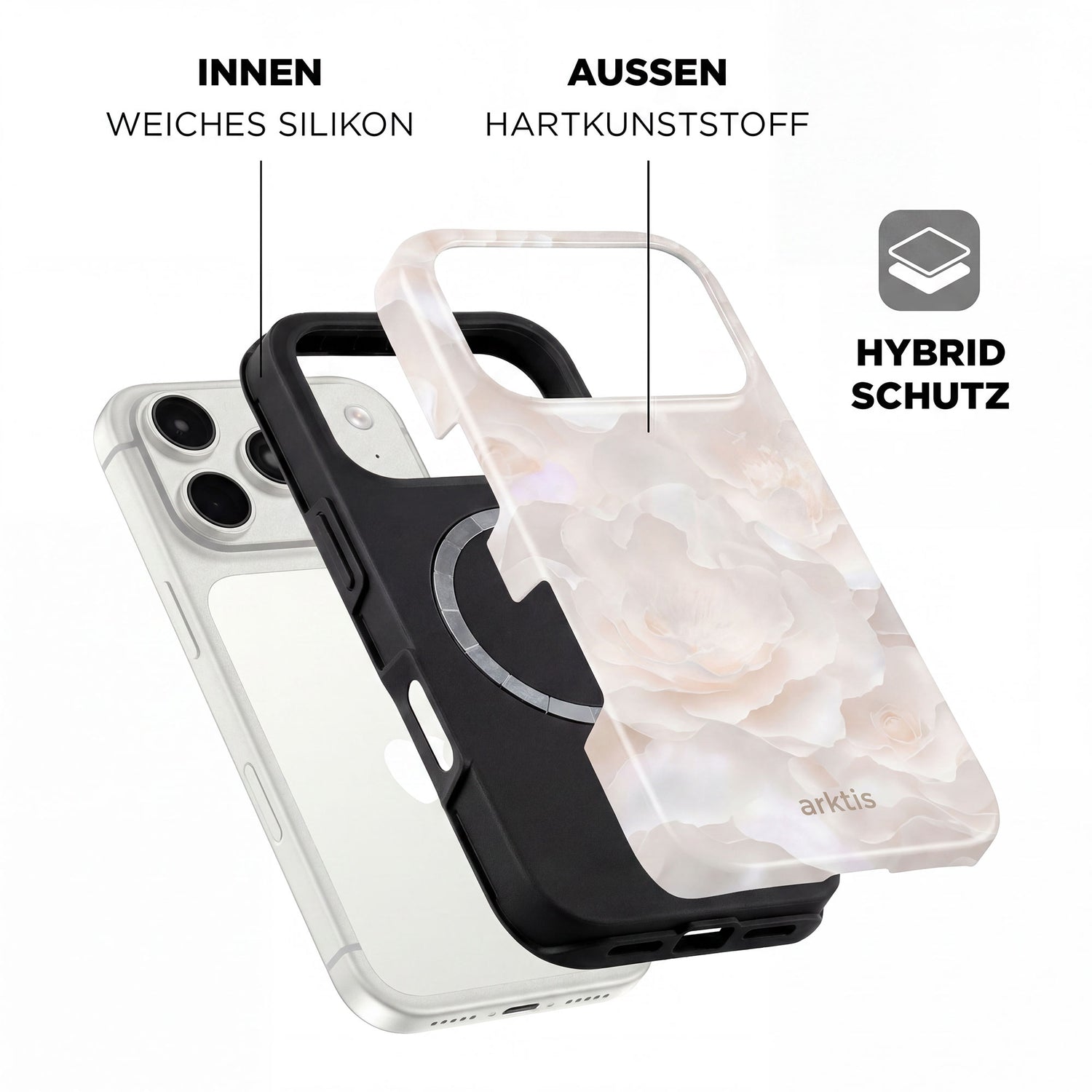Explosionszeichnung der arktis iPhone 17 Pro Hülle - Marble Flower, mit einer weichen, stoßabsorbierenden TPU-Silikon-Innenschicht und harter Kunststoff-Außenschale, MagSafe-kompatibel, mit deutscher Beschriftung.