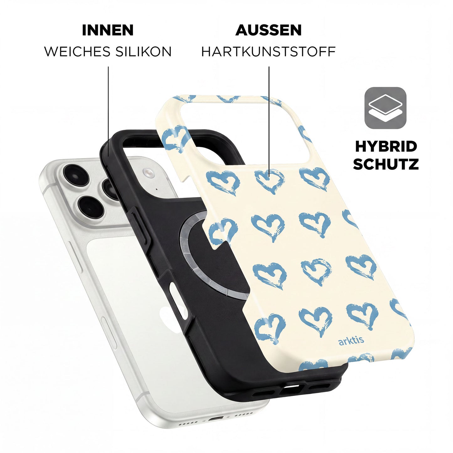 Die arktis iPhone 17 Pro Max Hülle - Blue Hearts bietet hybriden Schutz mit einer weichen TPU-Silikon-Innenseite, einer harten Kunststoff-Außenseite und MagSafe-Kompatibilität für drahtloses Laden.