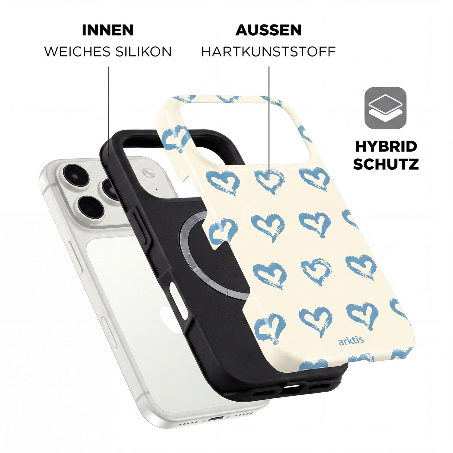 Die arktis iPhone 17 Pro Max Hülle - Blue Hearts bietet hybriden Schutz mit einer weichen TPU-Silikon-Innenseite, einer harten Kunststoff-Außenseite und MagSafe-Kompatibilität für drahtloses Laden.