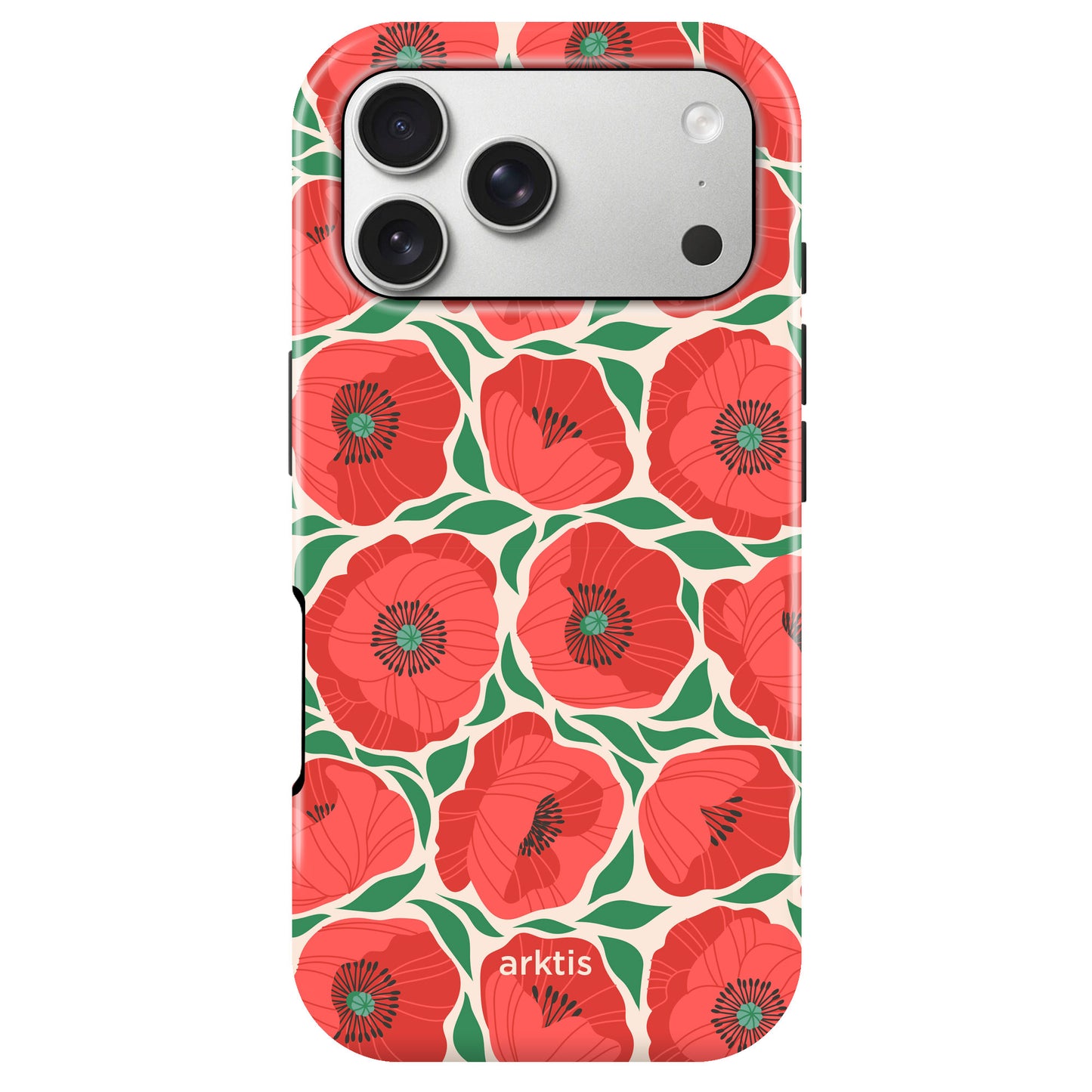 Schütze dein iPhone 17 Pro mit der arktis iPhone 17 Pro Hülle - Summer Garden: MagSafe-kompatibel, stoßabsorbierendes TPU-Silikon, rotes Mohnblumenmuster und dezentes arktis-Branding.