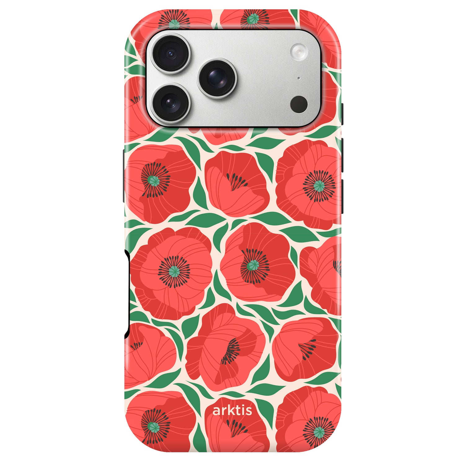 Schütze dein iPhone 17 Pro mit der arktis iPhone 17 Pro Hülle - Summer Garden: MagSafe-kompatibel, stoßabsorbierendes TPU-Silikon, rotes Mohnblumenmuster und dezentes arktis-Branding.