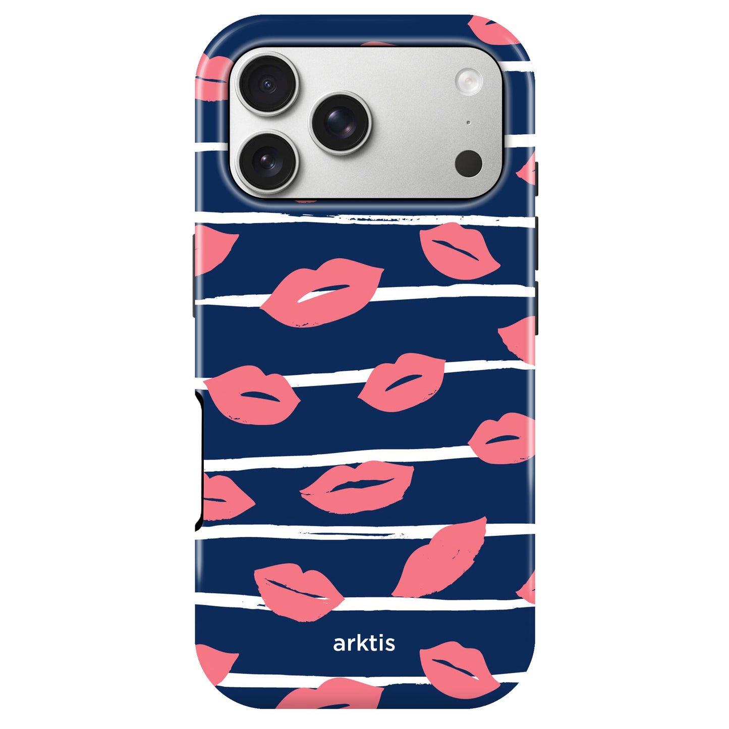 Arktis iPhone 17 Pro Hülle - Kisses: Marineblaue Schutzhülle aus stoßabsorbierendem TPU-Silikon mit pinken Lippen, weißen Streifen, MagSafe-kompatibel und "arktis"-Logo am unteren Rand.