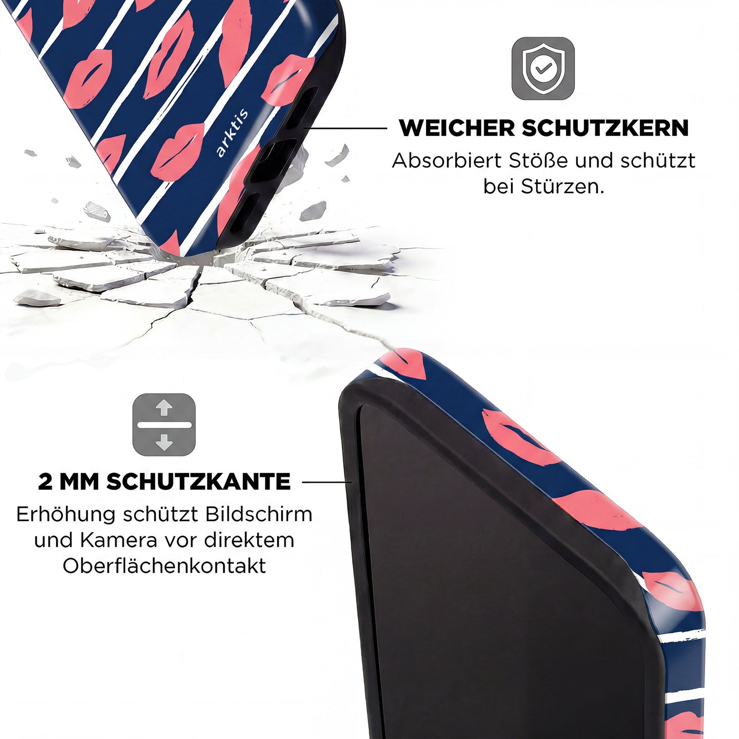 Nahaufnahme der arktis iPhone 14 Pro Max Hülle - Kisses, mit pinkem Lippendesign, stoßabsorbierendem TPU-Silikonkern und erhöhtem 2mm Rand von arktis für zusätzlichen Schutz.