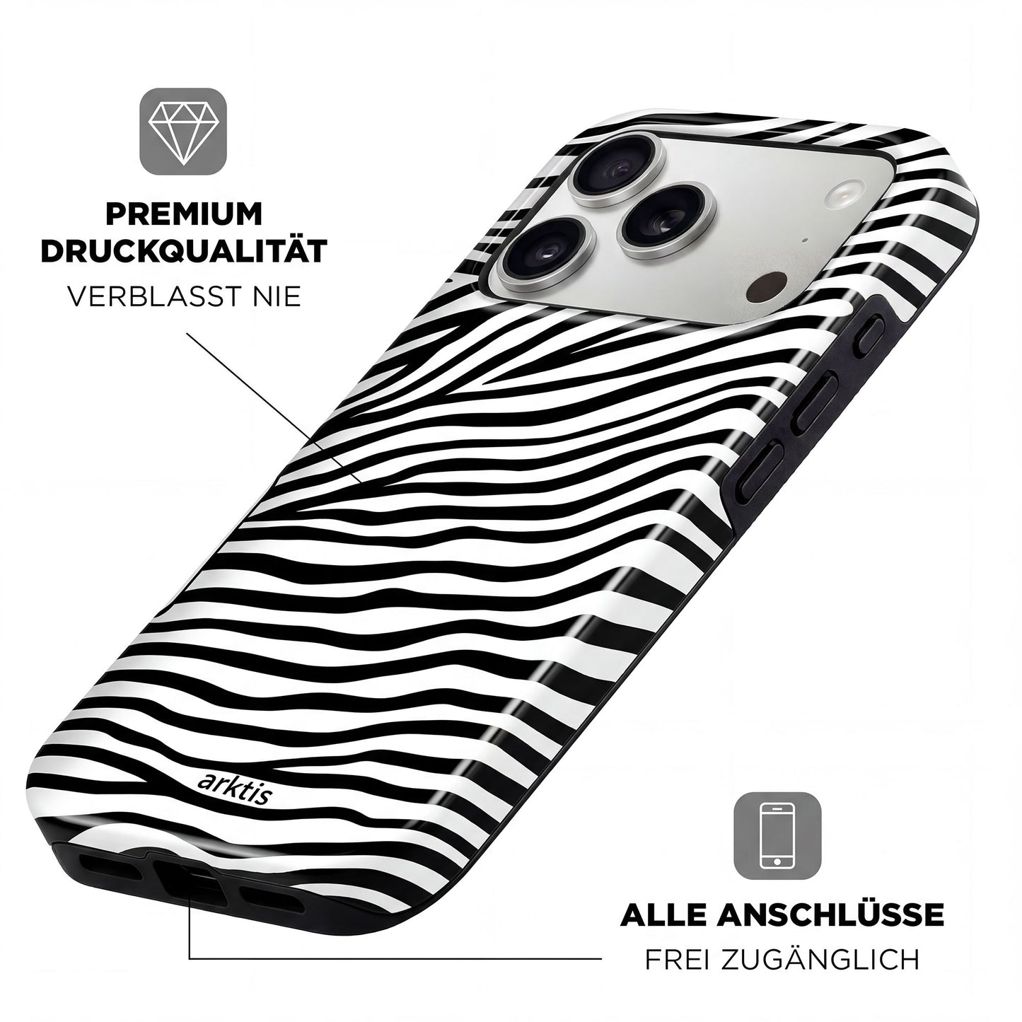 Die arktis iPhone 17 Pro Max Hülle - Zebra verfügt über Aussparungen für Tasten und Anschlüsse, ist aus stoßabsorbierendem TPU-Silikon gefertigt, bietet einen hochwertigen, lichtbeständigen Druck und ist MagSafe kompatibel für einfaches Aufladen.