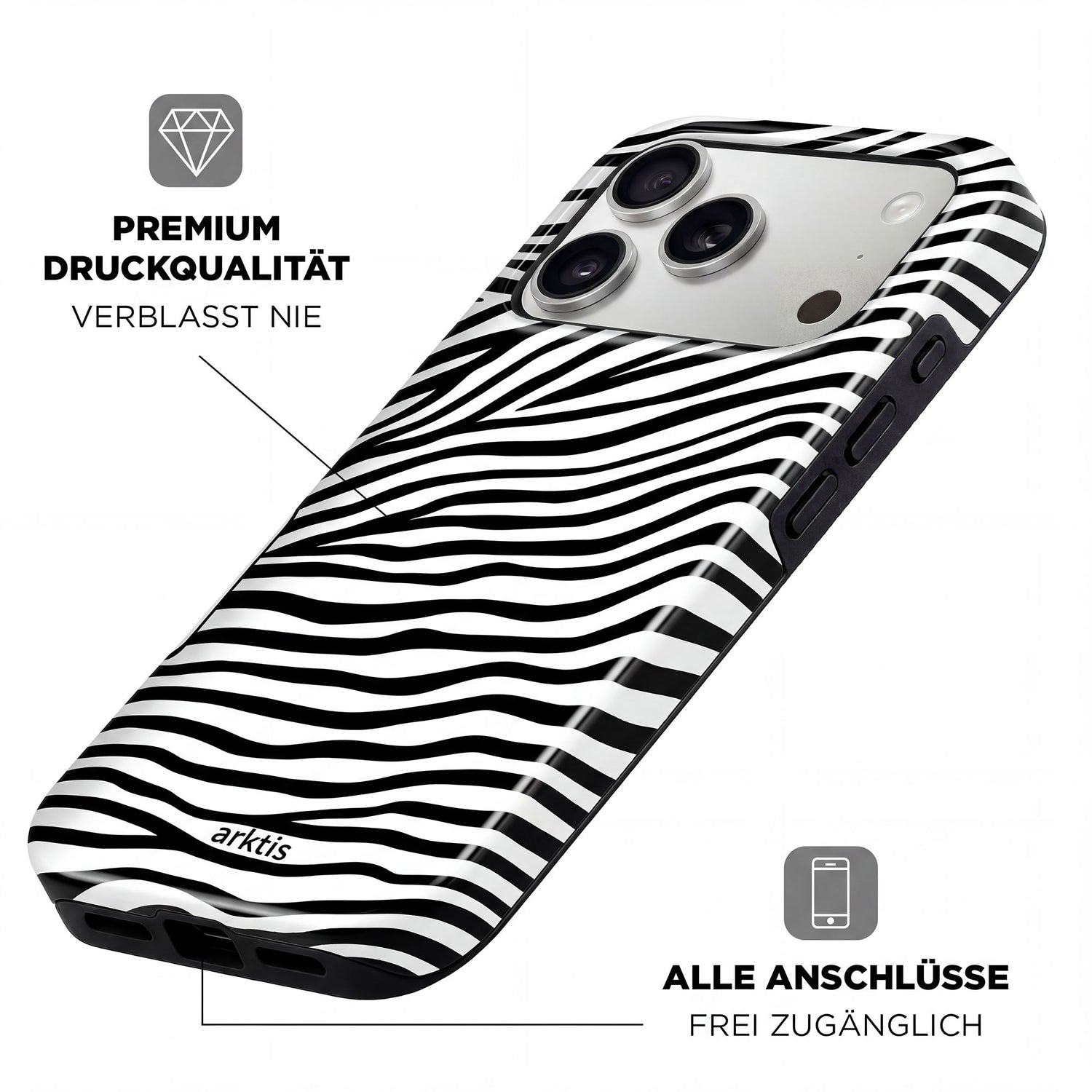 Die arktis iPhone 17 Pro Max Hülle - Zebra verfügt über Aussparungen für Tasten und Anschlüsse, ist aus stoßabsorbierendem TPU-Silikon gefertigt, bietet einen hochwertigen, lichtbeständigen Druck und ist MagSafe kompatibel für einfaches Aufladen.