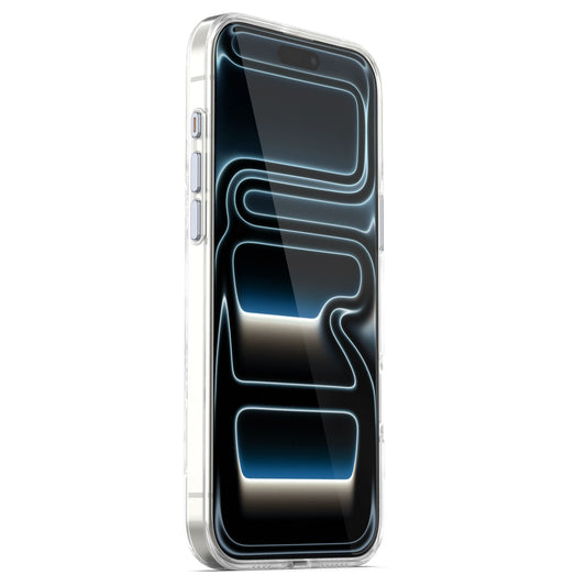 Das arktis iPhone 17 Pro Max Clear Case mit MagSafe schützt Ihr Smartphone kratzfest und zeigt auf dem Display ein leuchtendes, abstraktes Blau-Schwarz-Design.