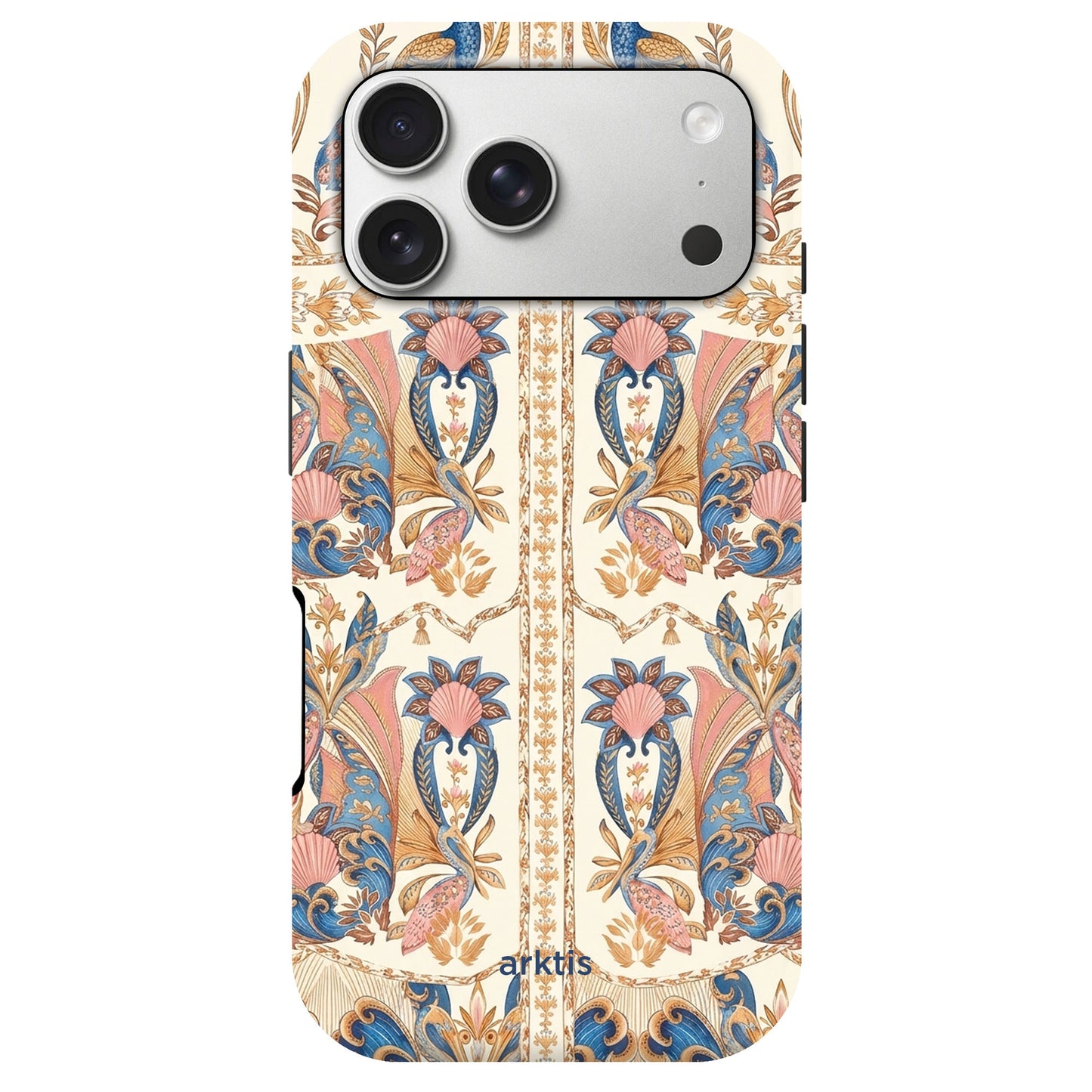 Die arktis iPhone 17 Pro Hülle - Peacock Palace hat ein florales Design in Creme, Rosa, Blau und Gold und besteht aus stoßabsorbierendem TPU-Silikon. Sie ist MagSafe-kompatibel und hebt Ihre Kameralinsen hervor.