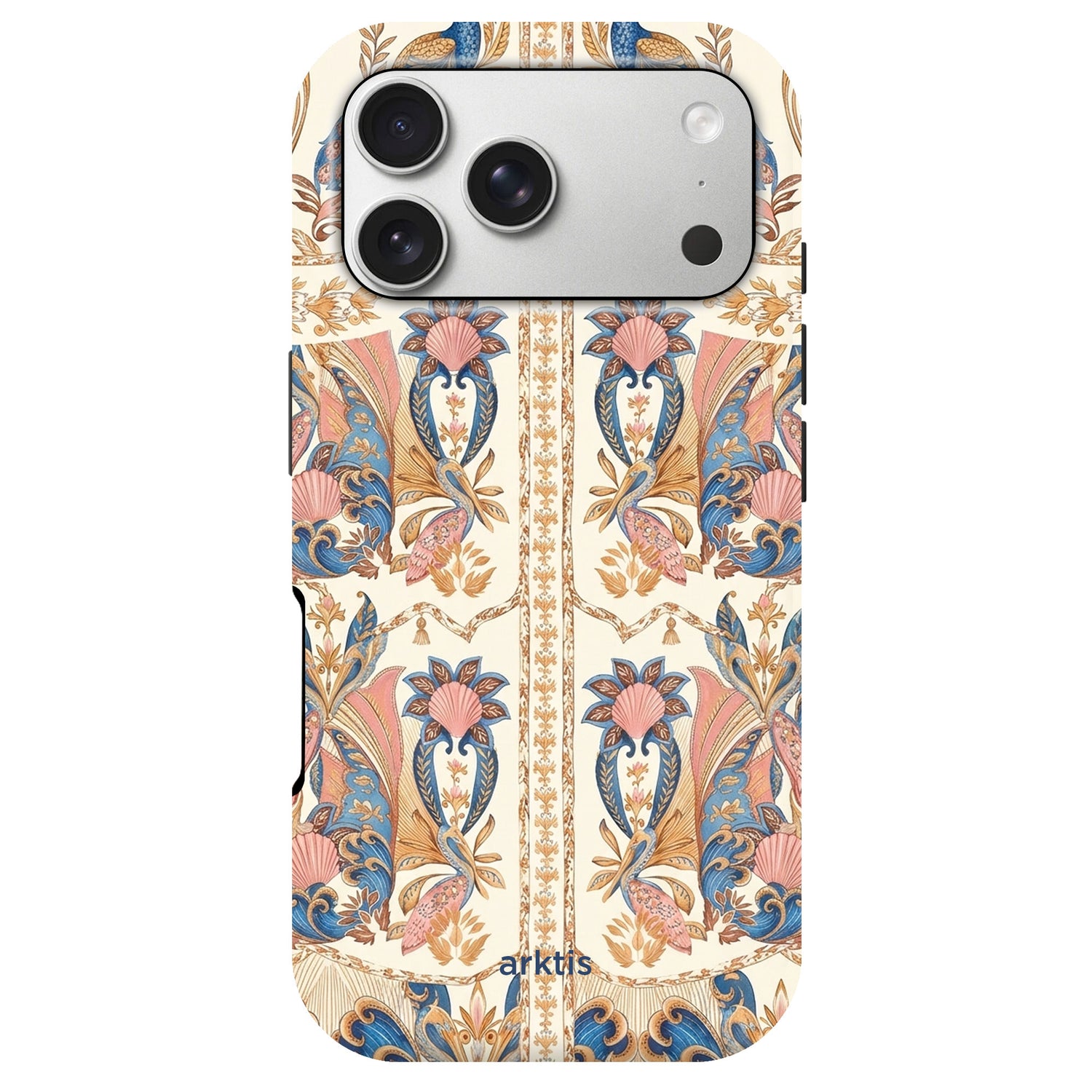 Die arktis iPhone 17 Pro Hülle - Peacock Palace hat ein florales Design in Creme, Rosa, Blau und Gold und besteht aus stoßabsorbierendem TPU-Silikon. Sie ist MagSafe-kompatibel und hebt Ihre Kameralinsen hervor.