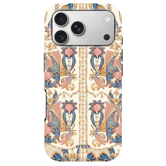 Die arktis iPhone 17 Pro Max Hülle - Peacock Palace ist eine TPU-Silikonhülle mit einem floralen, symmetrischen Design in Blau-, Pink- und Beigetönen und ist MagSafe kompatibel.