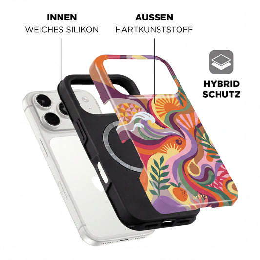 Explosionszeichnung der arktis iPhone 17 Pro Hülle - Summer von arktis, zeigt das farbenfrohe Design mit weichem, stoßabsorbierendem TPU-Silikon innen und hartem Kunststoff außen für hybriden Schutz; MagSafe-kompatibel.