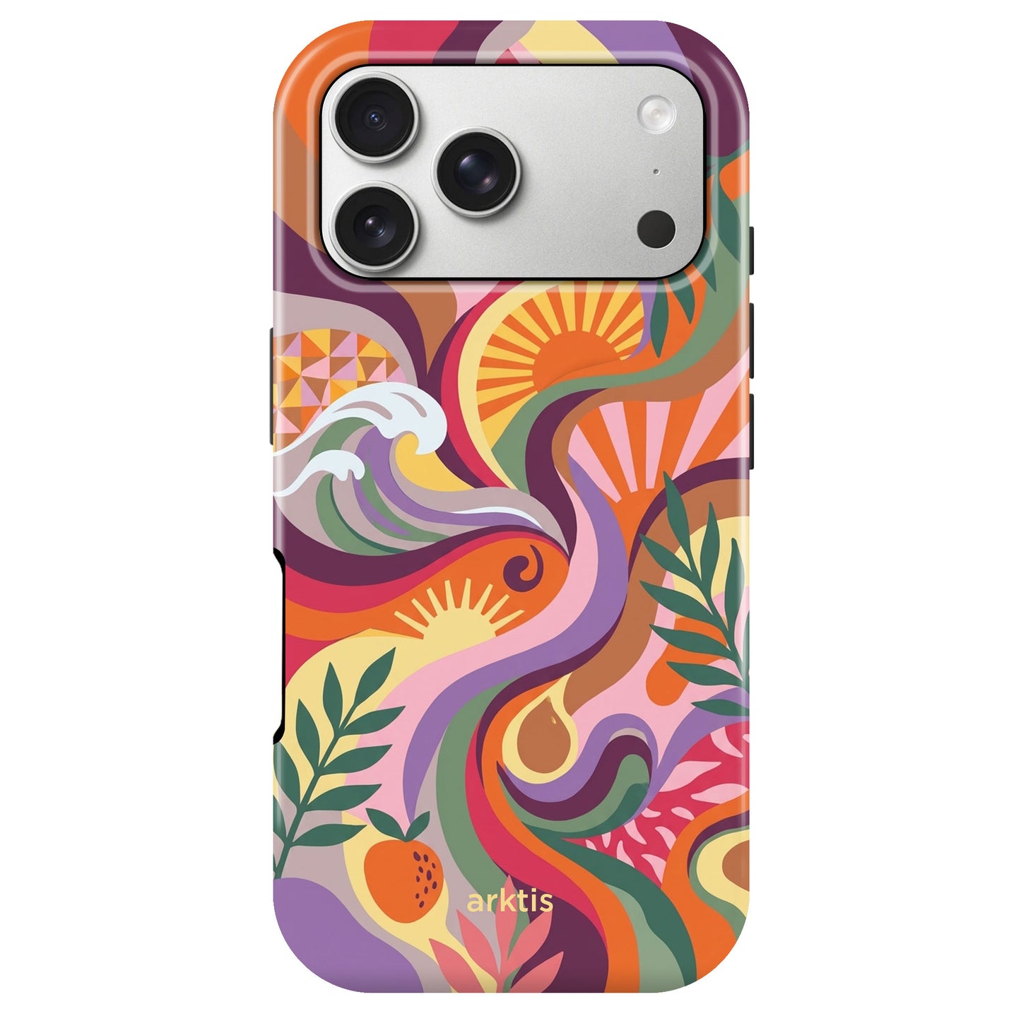 Die arktis iPhone 17 Pro Max Hülle - Summer zeigt bunte abstrakte Wirbel, Blätter, Wellen und Sonnenformen in Orange, Lila, Grün und Pink. Hergestellt aus stoßabsorbierendem TPU-Silikon und MagSafe-kompatibel für stilvollen Schutz durch arktis.