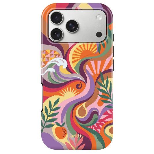 Die arktis iPhone 17 Pro Max Hülle - Summer zeigt bunte abstrakte Wirbel, Blätter, Wellen und Sonnenformen in Orange, Lila, Grün und Pink. Hergestellt aus stoßabsorbierendem TPU-Silikon und MagSafe-kompatibel für stilvollen Schutz durch arktis.