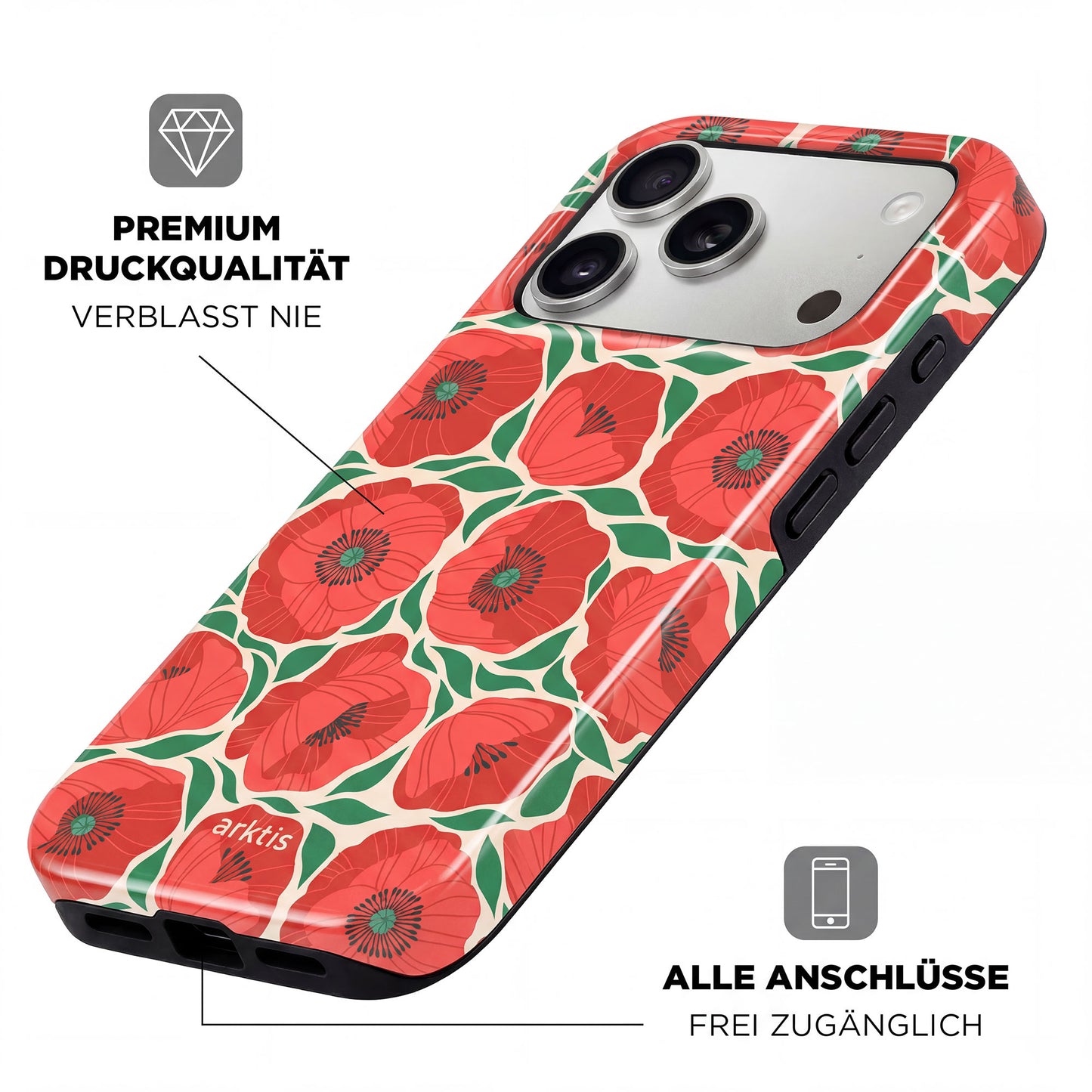 Arktis iPhone 17 Pro Hülle - Summer Garden: Stoßabsorbierendes TPU-Silikon mit rotem Mohnblumenmuster, MagSafe kompatibel, präziser Kameraausschnitt und leicht zugängliche Anschlüsse mit deutschen Beschriftungen.