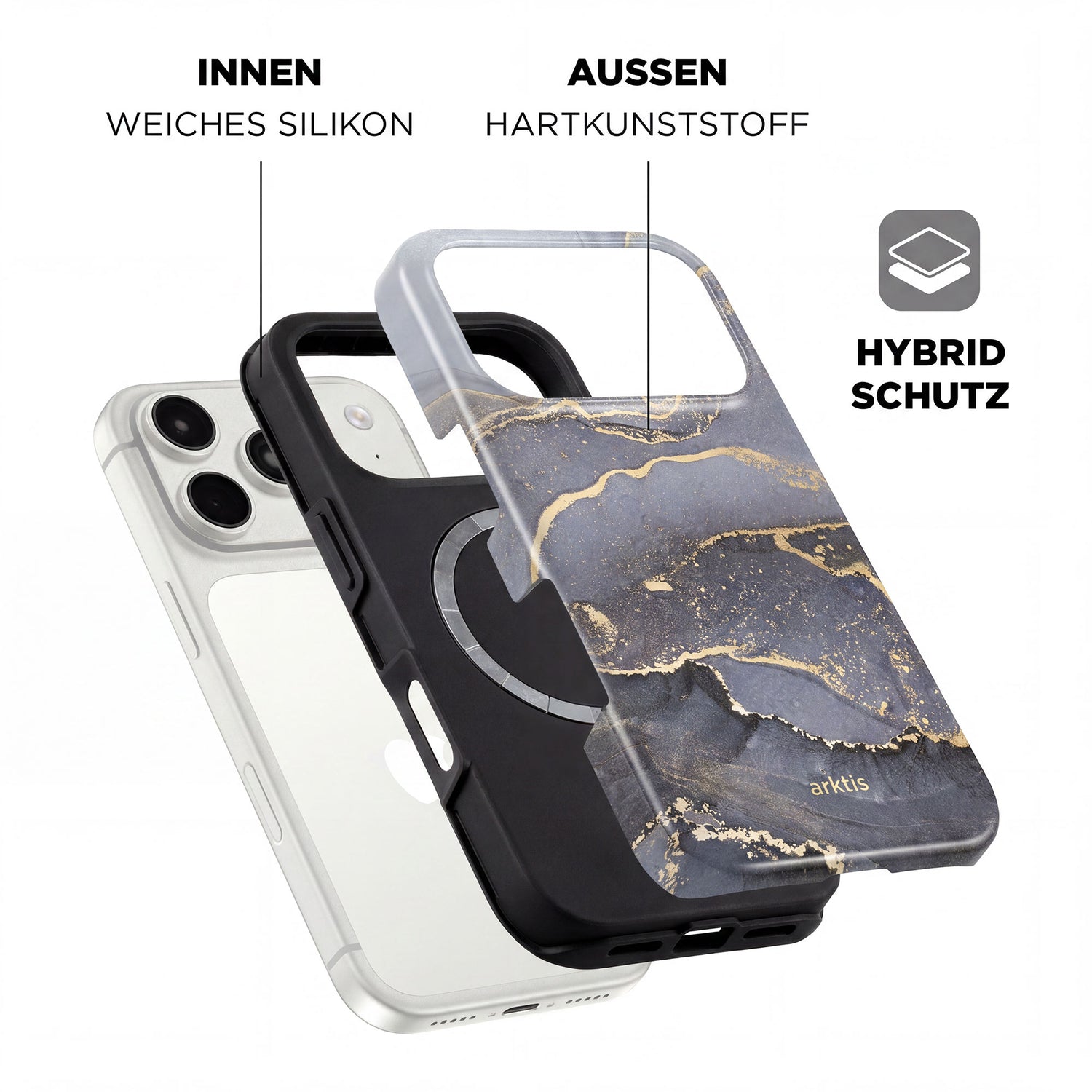 Die arktis iPhone 17 Pro Max Hülle - Dusty Marble kombiniert eine weiche TPU-Innenseite mit harter Marmor-Optik außen, ist MagSafe kompatibel und bietet stilvollen Schutz für dein Gerät.