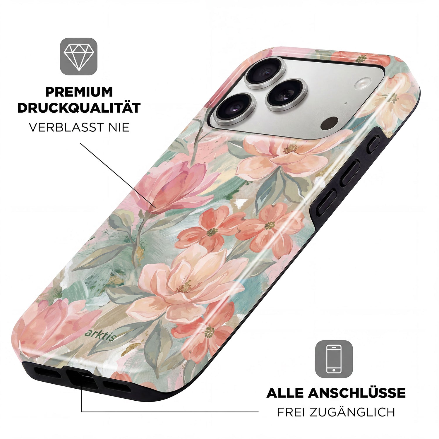 Arktis iPhone 15 Pro Max Hülle - Pastell Blumen: Florale Schutzhülle mit pinken Blumen, stoßabsorbierendes TPU-Silikon, MagSafe kompatibel. Von arktis für dein iPhone-Modell.
