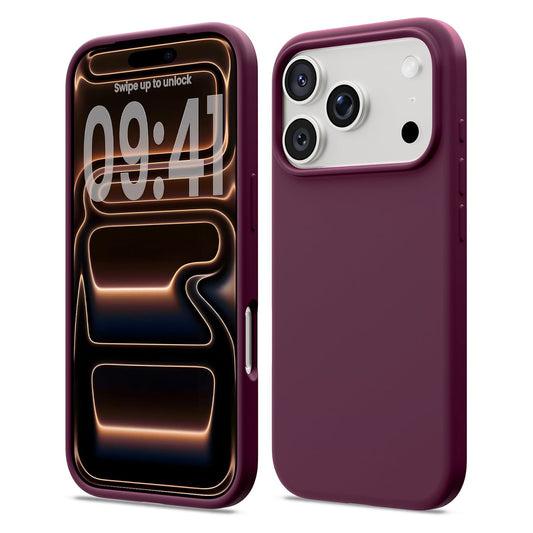 Zwei kastanienbraune arktis iPhone 17 Pro Max Silikonhüllen werden gezeigt - eine zeigt den Bildschirm, die andere die Kamera. Perfekte Passform durch arktis und unterstützt kabelloses Laden.