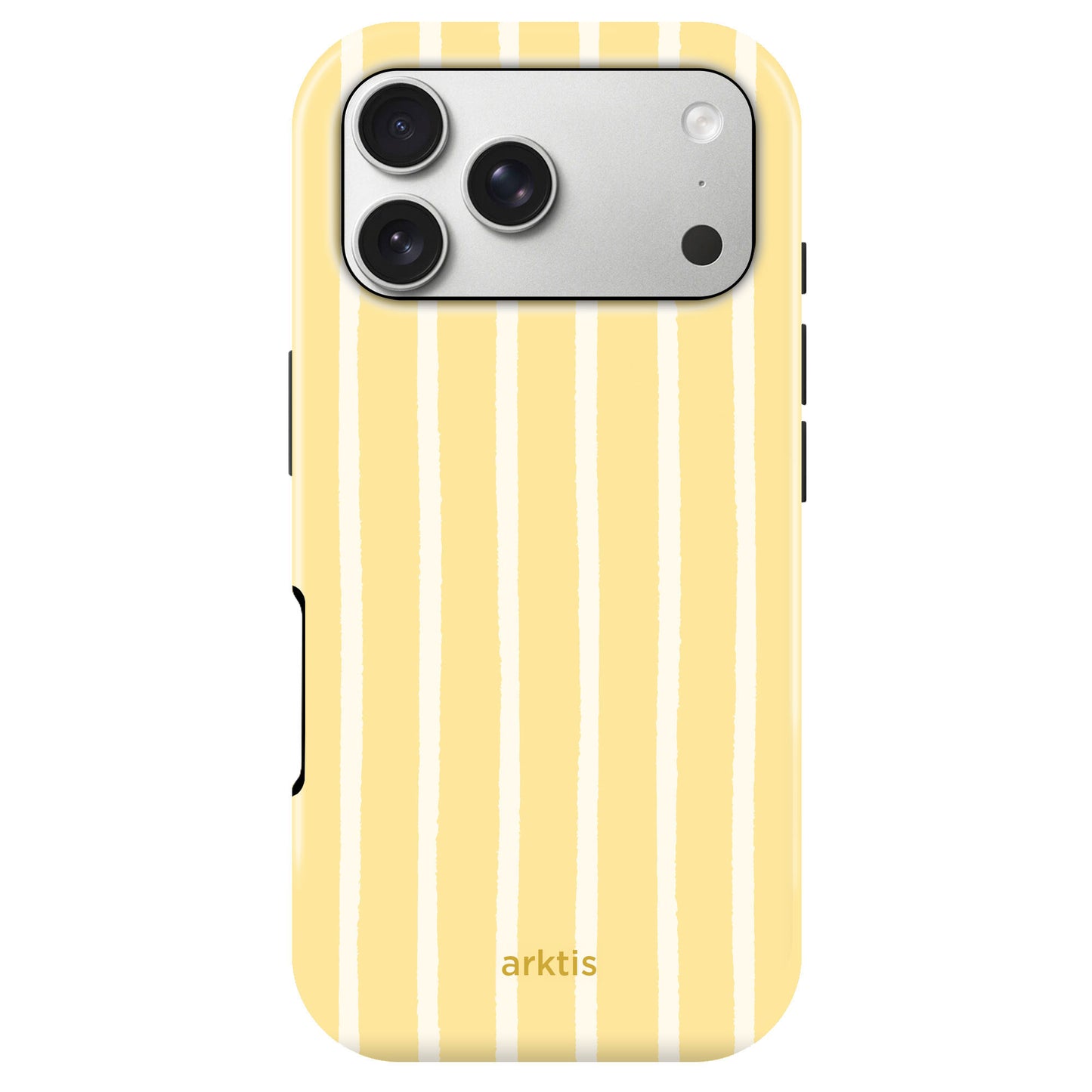 Arktis iPhone 17 Pro Max Hülle - Sunny Stripes: Gelb-weiß vertikal gestreiftes, stoßabsorbierendes TPU-Silikon-Case mit Drei-Kamera-Ausschnitt und "arktis"-Schriftzug am unteren Rand.