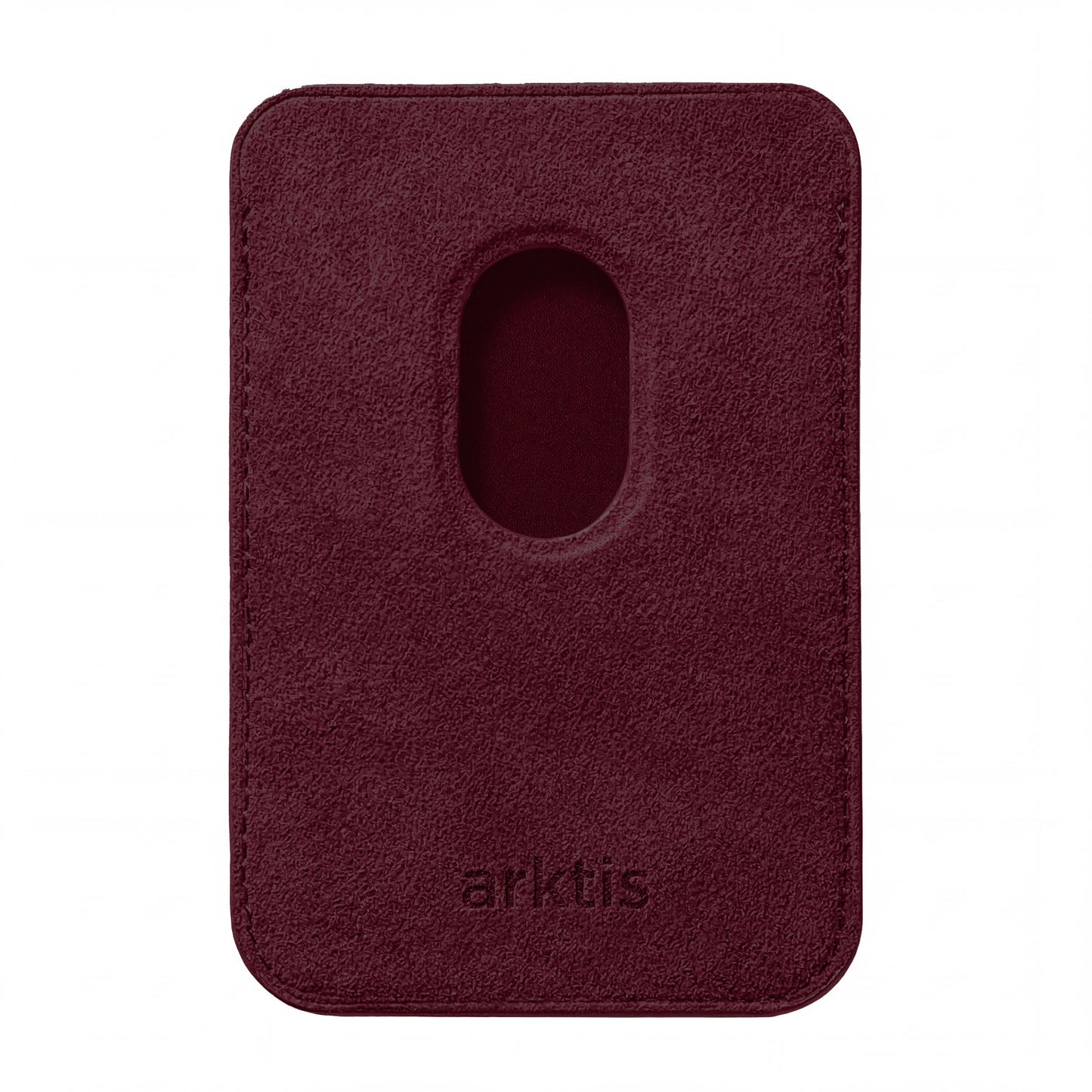 Der arktis iPhone MagSafe Kartenhalter aus Alcantara ist ein bordeauxfarbener Kartenhalter mit zentraler ovaler Aussparung und geprägtem Logo - ideal als stylisches, magnetisches iPhone Wallet von arktis.