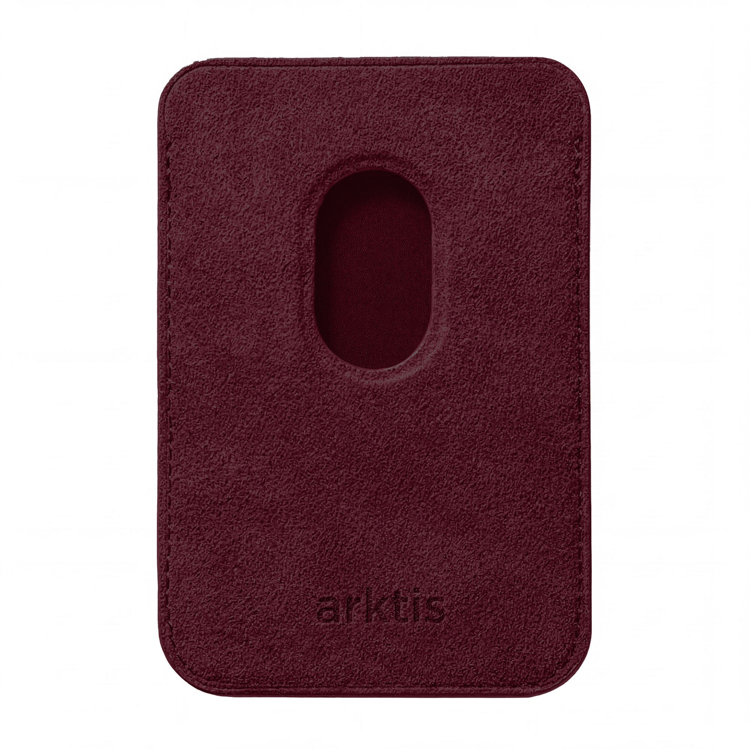 Der arktis iPhone MagSafe Kartenhalter aus Alcantara ist ein bordeauxfarbener Kartenhalter mit zentraler ovaler Aussparung und geprägtem Logo - ideal als stylisches, magnetisches iPhone Wallet von arktis.