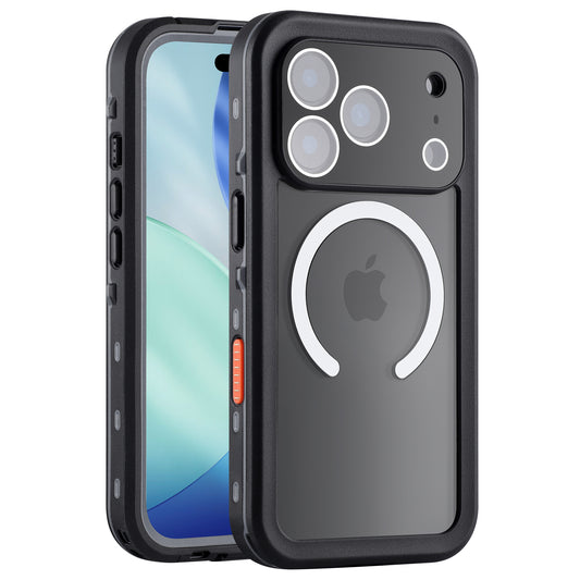 Das arktis iPhone 17 Pro Wasserdichtes Actioncase, ein robustes schwarzes IP68-zertifiziertes Gehäuse mit MagSafe-Ring und stoßfestem Design von arktis, wird auf einem iPhone 17 Pro mit blauem und grünem Bildschirm gezeigt.