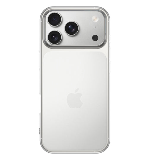 Ein weißes iPhone mit drei rückwärtigen Kameras oben links, umhüllt vom ultradünnen arktis iPhone 17 Pro ZERO Case von arktis, mit einem zentrierten Apple-Logo auf der Rückseite.
