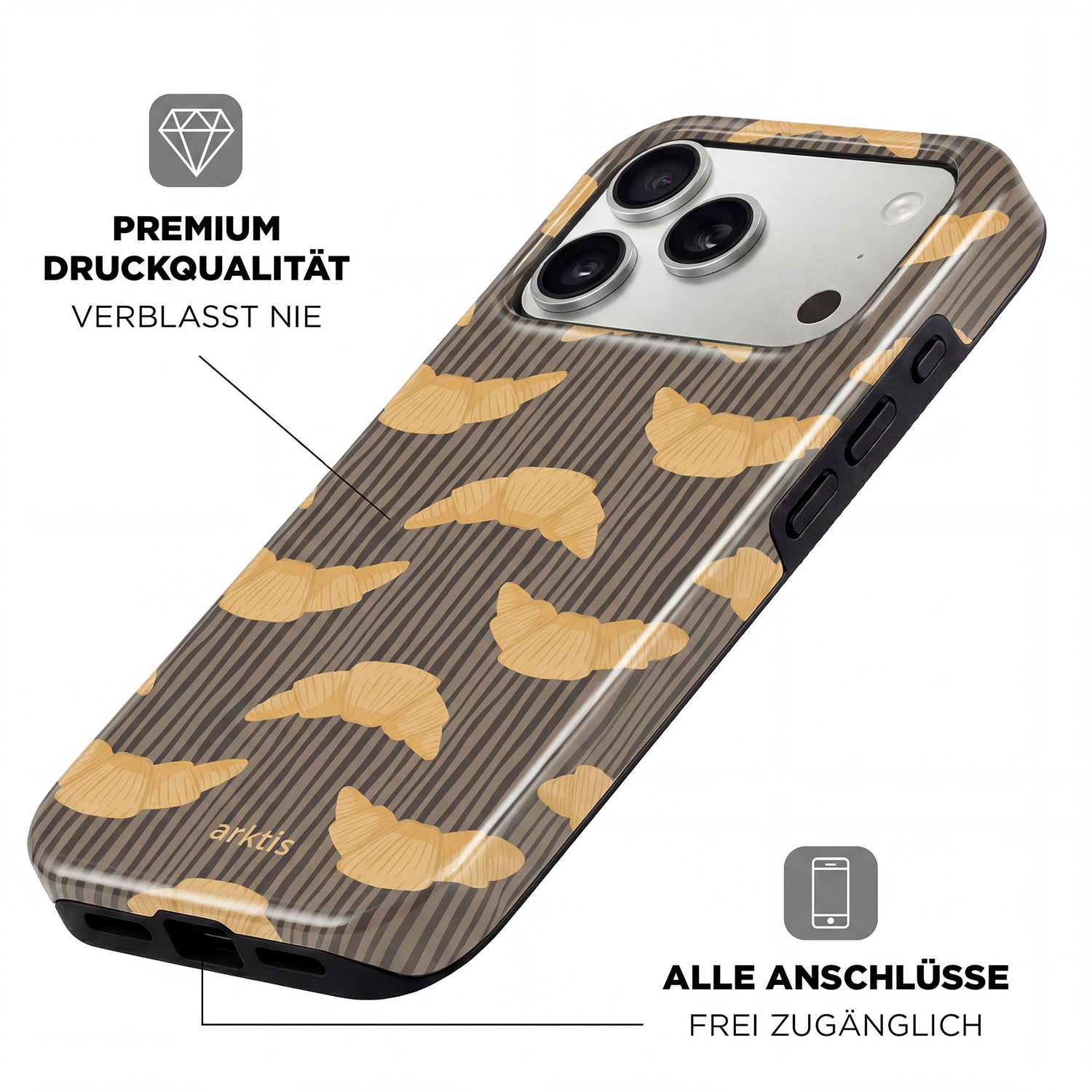 Die arktis iPhone 15 Pro Hülle - French Breakfast überzeugt mit Croissant-Muster, stoßabsorbierendem TPU-Silikon, brillanter Druckqualität, MagSafe-Kompatibilität und freiem Zugang zu allen Ports und Tasten.