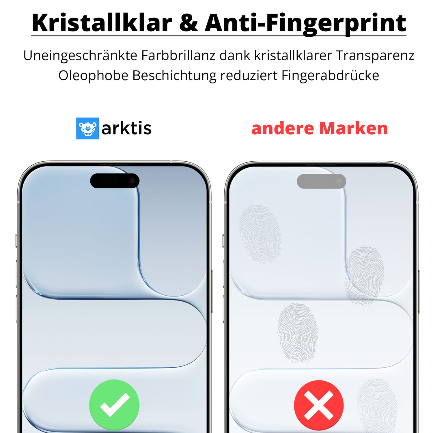 Zwei Smartphones: Links die arktis iPhone 17 Displayschutzfolie mit kristallklarer Anzeige ohne Fingerabdrücke, rechts sichtbare Fingerabdrücke auf dem Display ohne Schutz.