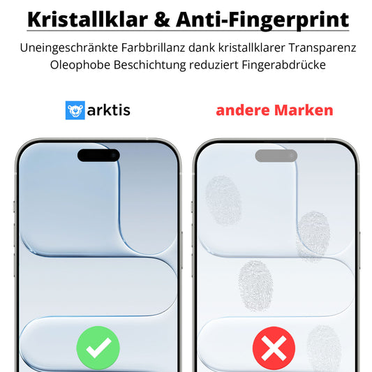 Zwei Smartphones: Links die arktis iPhone 17 Displayschutzfolie mit kristallklarer Anzeige ohne Fingerabdrücke, rechts sichtbare Fingerabdrücke auf dem Display ohne Schutz.