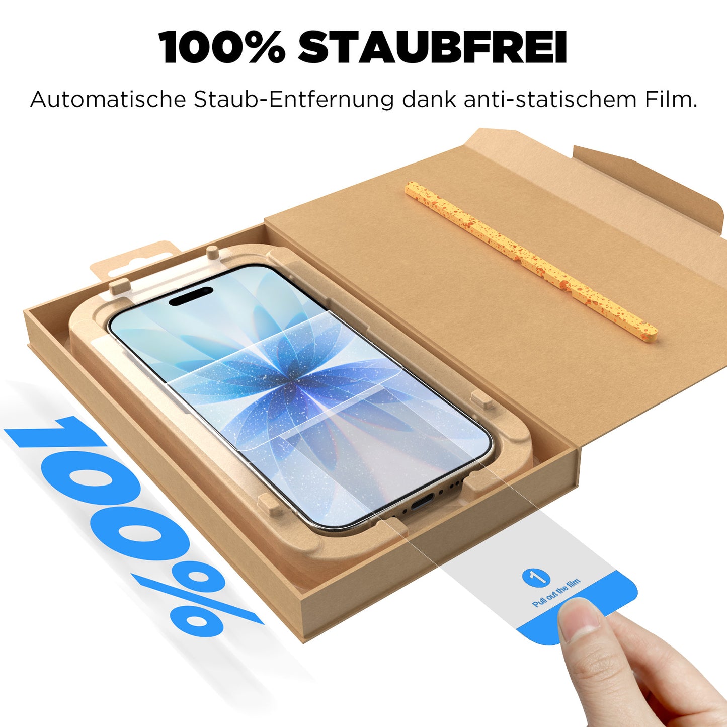 Abgebildet ist ein arktis 2er Set iPhone 17 REVOLUTION Glas-Displayschutz von arktis in der Verpackung mit aufgebrachter Displayschutzfolie und der EZ.INSTALL Box mit der Aufschrift "100% staubfrei", ideal für iPhone 17.