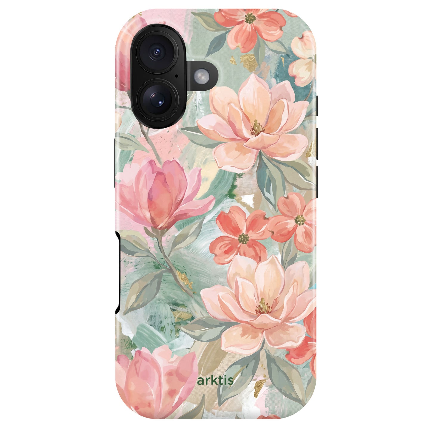 Die arktis iPhone 17 Hülle - Pastel Flowers zeigt ein pastellfarbenes Blumendesign mit rosa und pfirsichfarbenen Blüten, ist aus stoßabsorbierendem TPU-Silikon gefertigt und MagSafe-kompatibel.