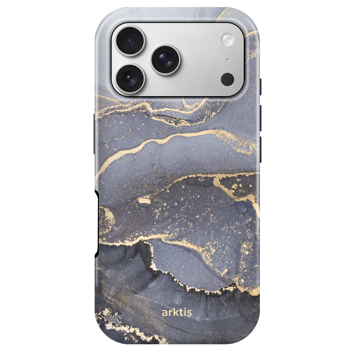 Die arktis iPhone 17 Pro Hülle - Dusty Marble zeichnet sich durch ein dunkelgraues und goldenes Marmormuster, MagSafe-Kompatibilität, stoßabsorbierendes TPU-Silikon und das arktis-Logo an der Unterseite aus.