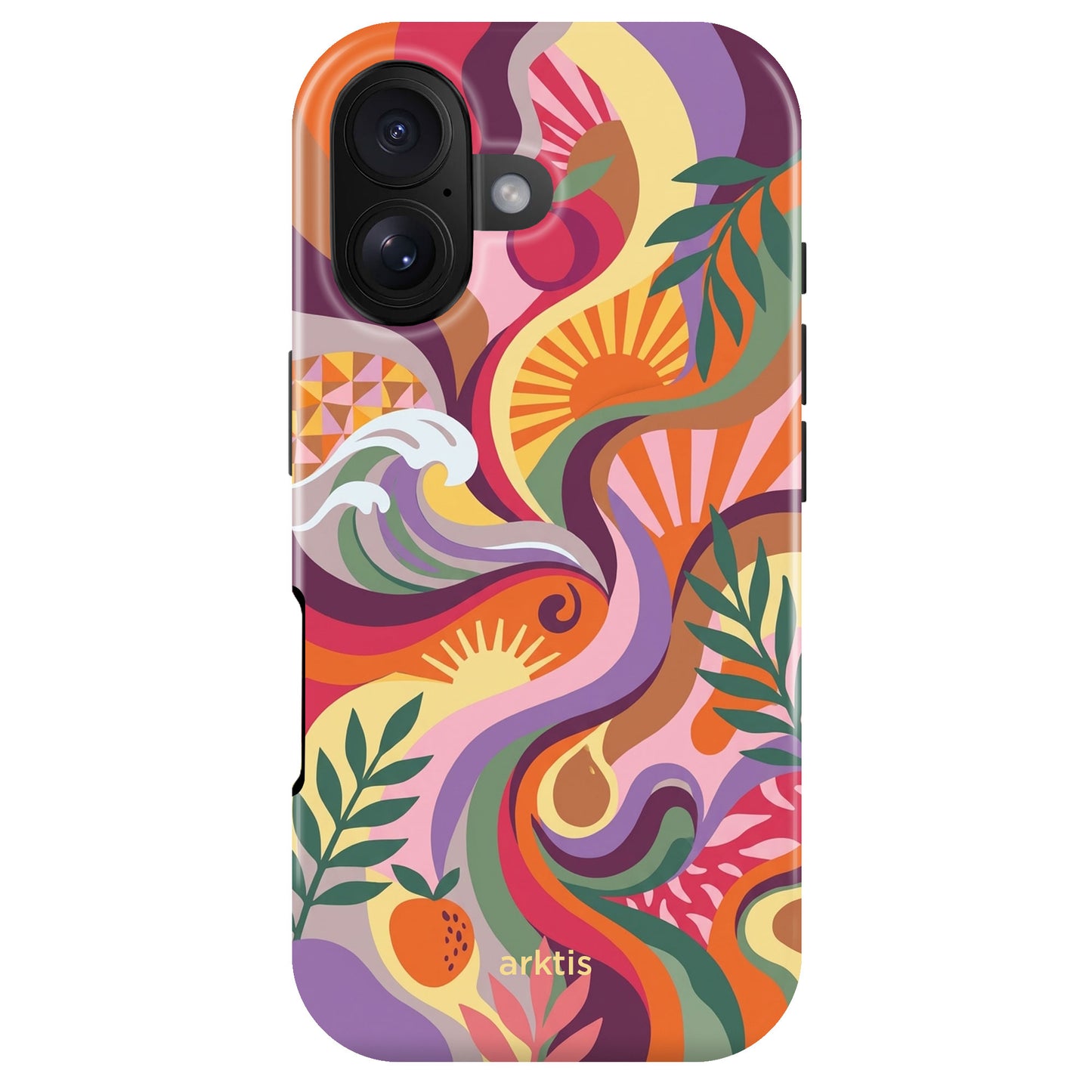 Die arktis iPhone 16 Hülle - Summer von arktis zeigt abstrakte, wellenförmige Muster mit von Blättern, Sonne und Früchten inspirierten Formen in leuchtenden Farben - stoßabsorbierend und MagSafe-kompatibel für stilvollen Schutz.