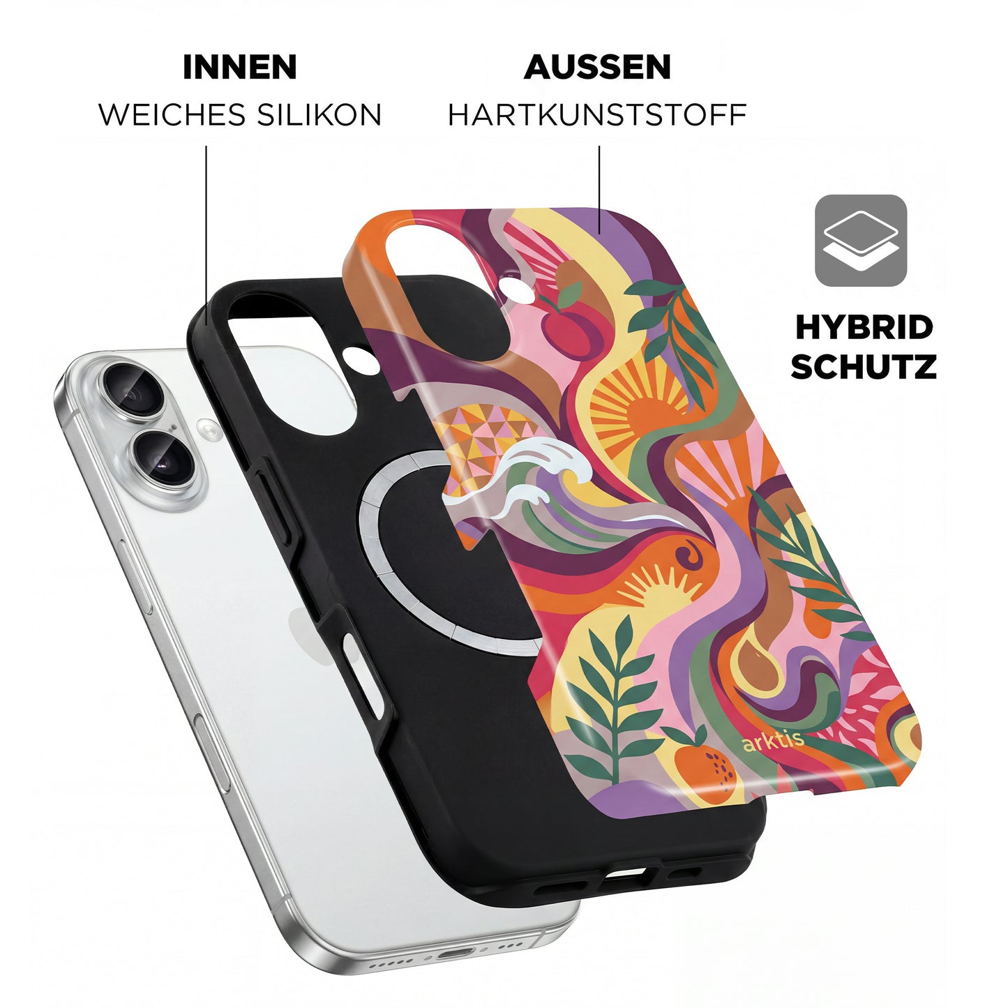 Explosionszeichnung der arktis iPhone 17 Hülle – Summer: eine farbenfrohe TPU-Silikonhülle von arktis mit einer weichen Silikon-Innenseite, einer harten Kunststoff-Außenschale und MagSafe-Kompatibilität für nahtloses kabelloses Laden.